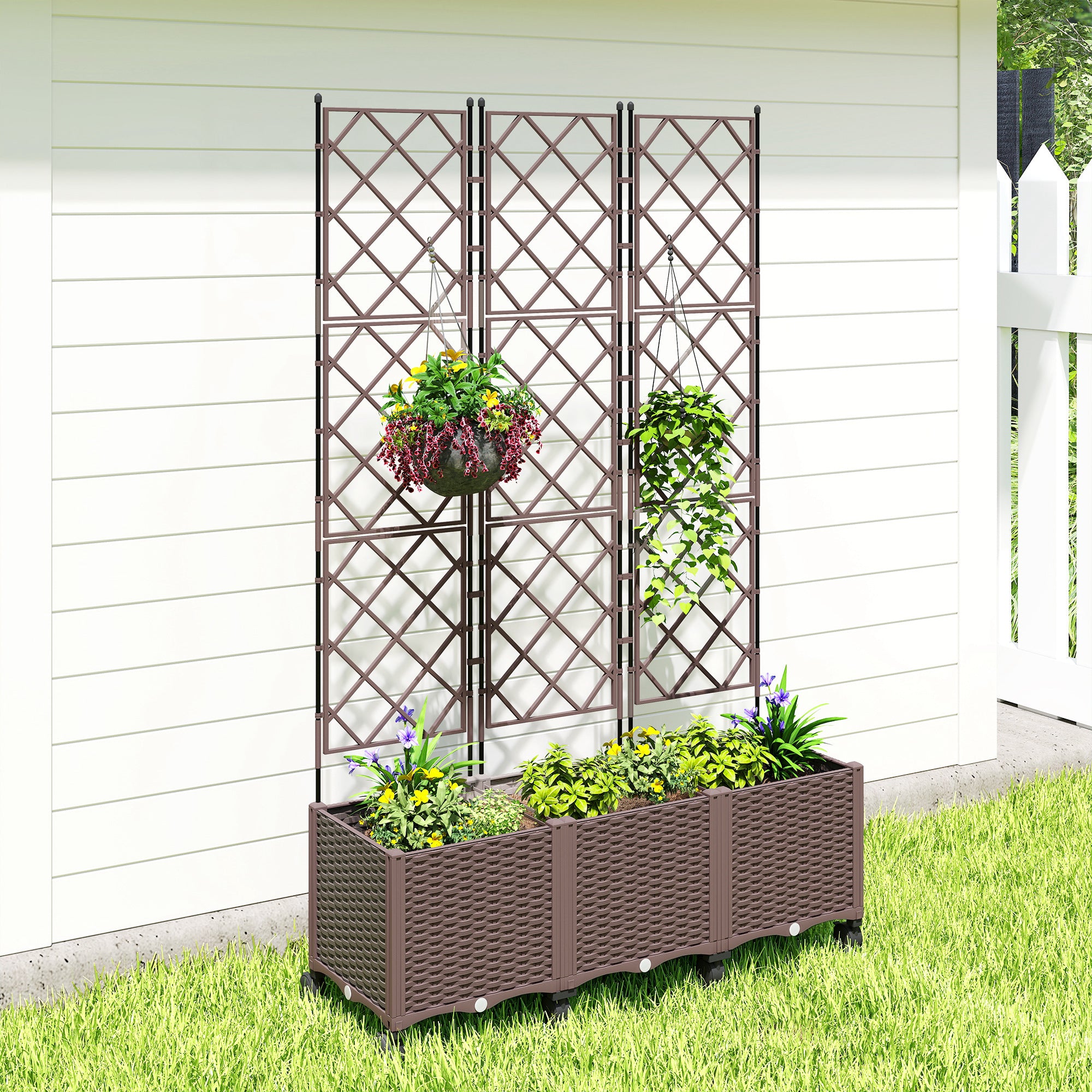 Outsunny Jardinera con Enrejado, Jardinera Exterior Grande con Ruedas para Plantas Trepadoras, con Ofricios de Drenaje y Tapones, Macetero Elevado para Jardín, Patio, Terraza, 120x40x192 cm, Marrón