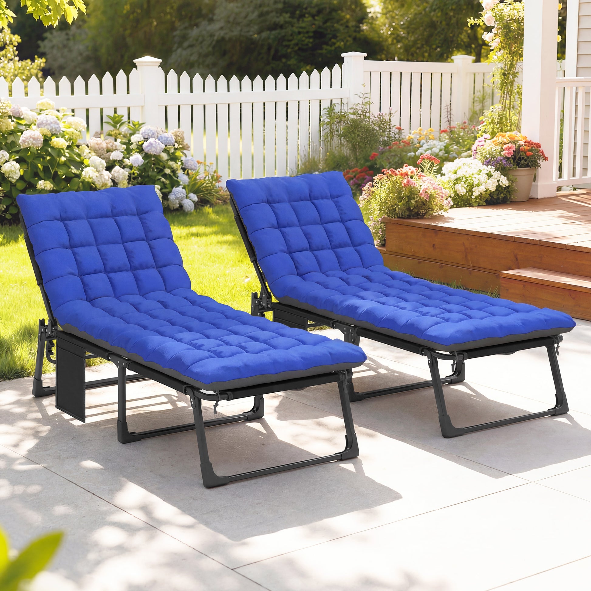 Outsunny Set de 2 Tumbonas Jardín Exterior, Tumbonas Plegables con Cojines, Respaldo Reclinable 5 Posiciones, Asiento Extra Ancho de Textilene, Bolsillo Lateral y Reposacabezas para Playa, Azul