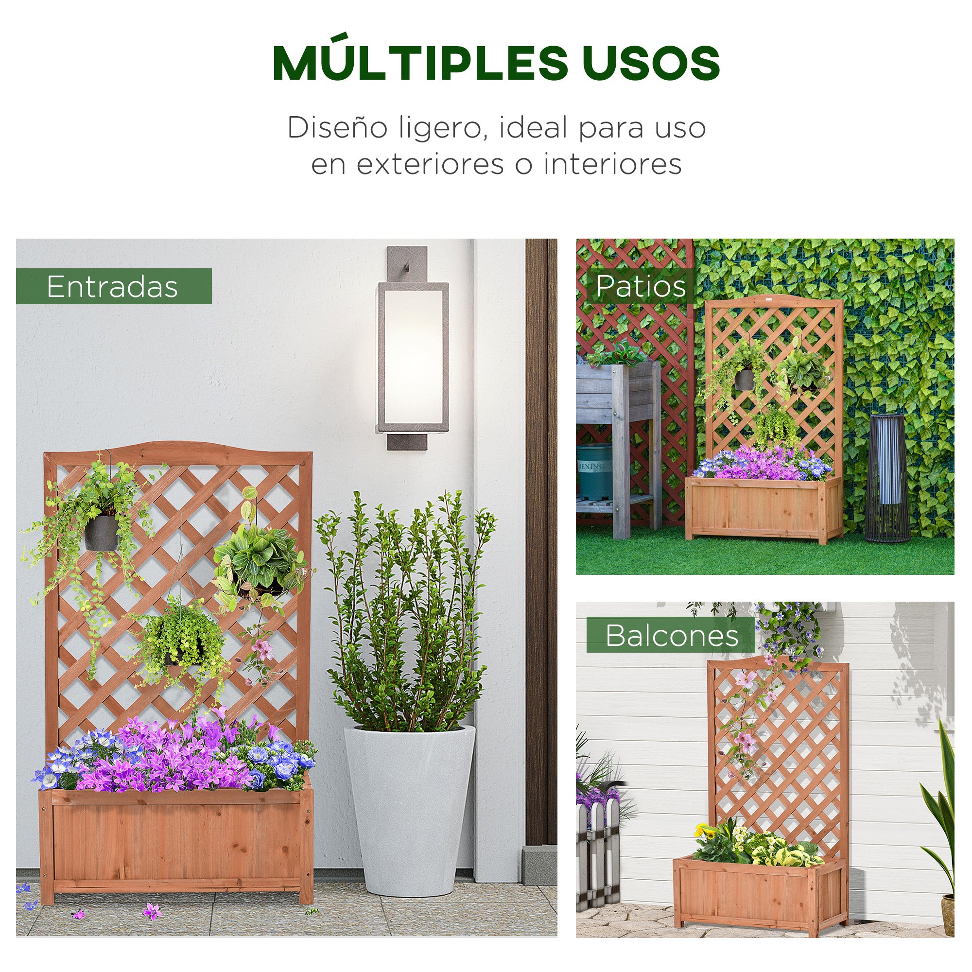 Outsunny Jardinera con Enrejado de Madera Maciza Arriate Macetero con Soporte para Trepadora Cultivos Plantas Flores para Balcón Terraza Jardín Exterior 70x28x117 cm Marrón