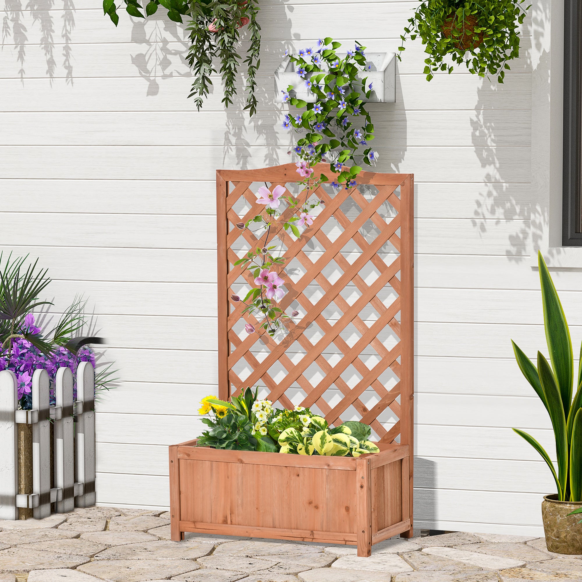 Outsunny Jardinera con Enrejado de Madera Maciza Arriate Macetero con Soporte para Trepadora Cultivos Plantas Flores para Balcón Terraza Jardín Exterior 70x28x117 cm Marrón