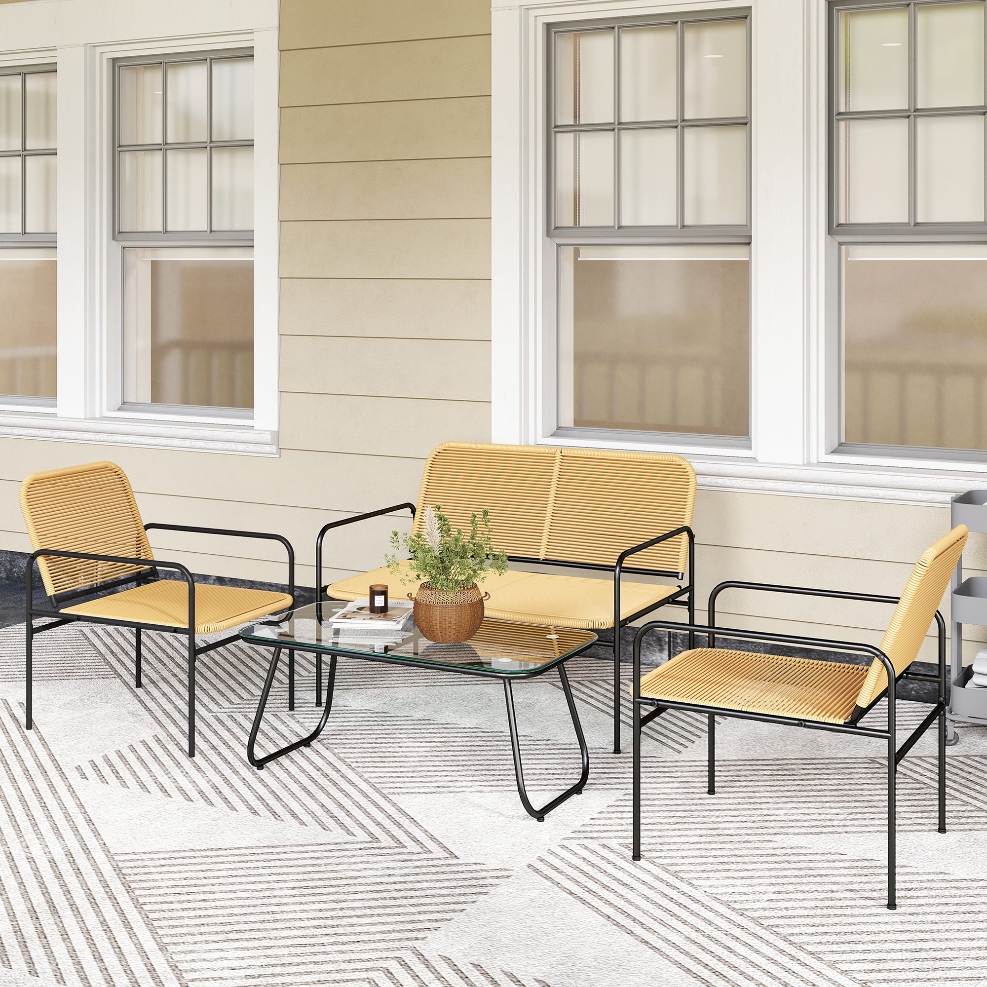 Outsunny Conjunto Jardín Exterior de Ratán Conjunto Terraza Resistente a la Intemperie Muebles Jardín Exterior con 2 Sillones Sofá de 2 Plazas y Mesa de Tablero de Vidrio Templado Natural