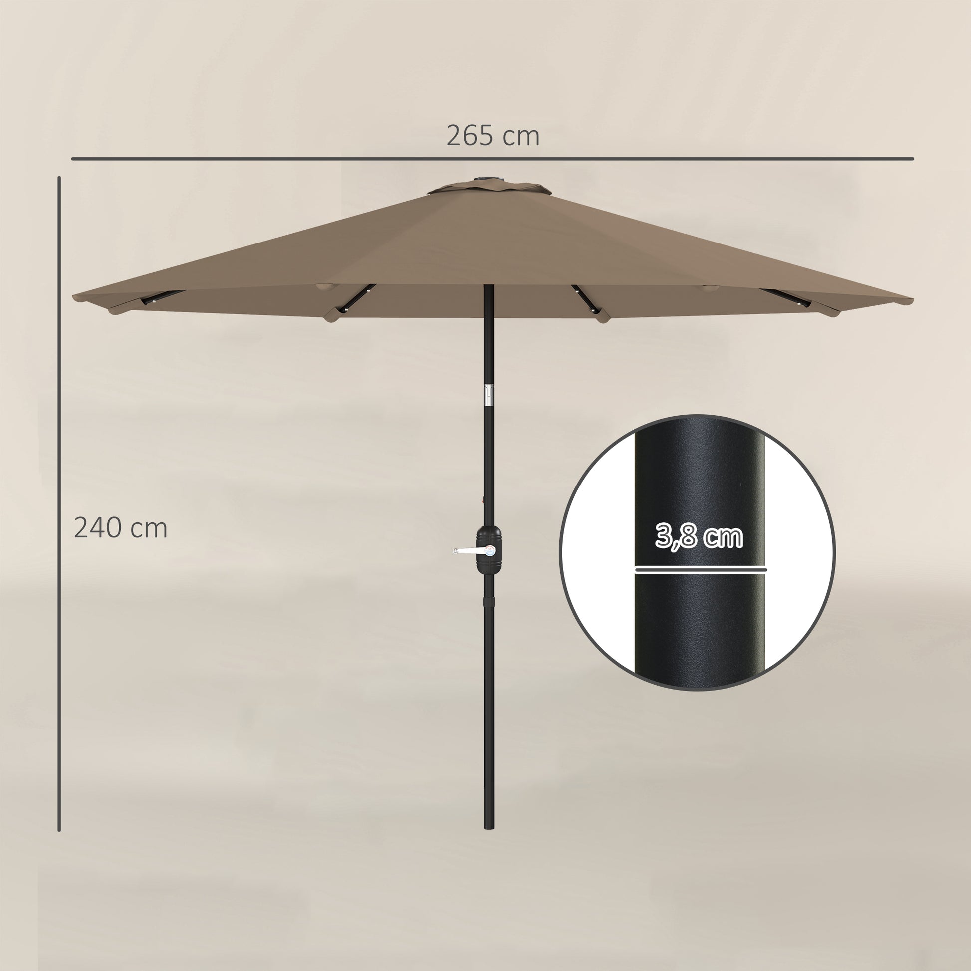 Outsunny Sombrilla Terraza Exterior, Ø265 cm, Sombrilla de Jardín con 32 Luces LED Solares, Poste de Acero y Manivela de Parasol Inclinable, para Patio, Terraza, Caqui