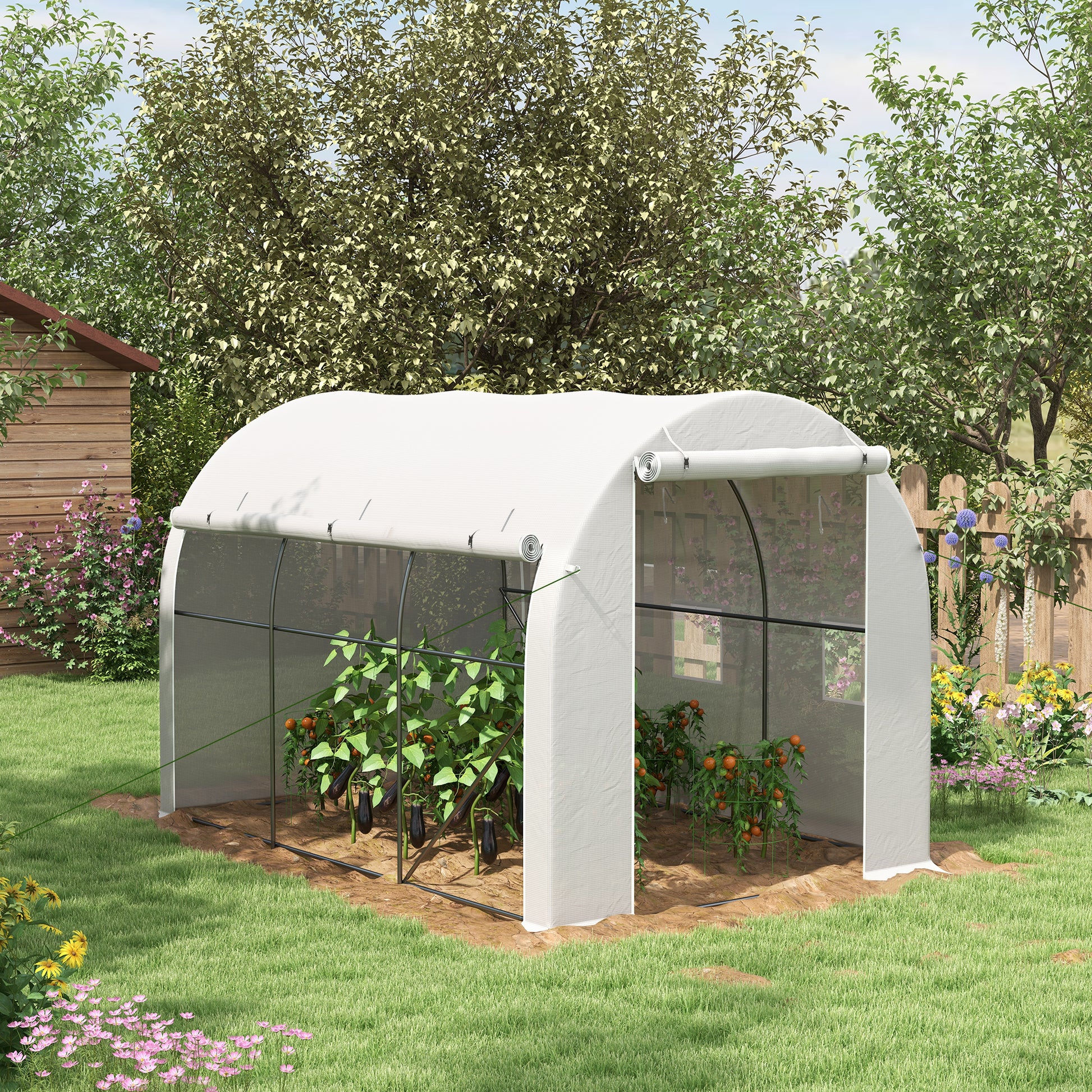 Outsunny Invernadero de Túnel 3x2x2 m Invernadero de Jardín con 3 Puertas y 6 Ventanas Enrollables Invernadero de Huerto con Techo de Redondo para Cultivos Plantas Flores Blanco