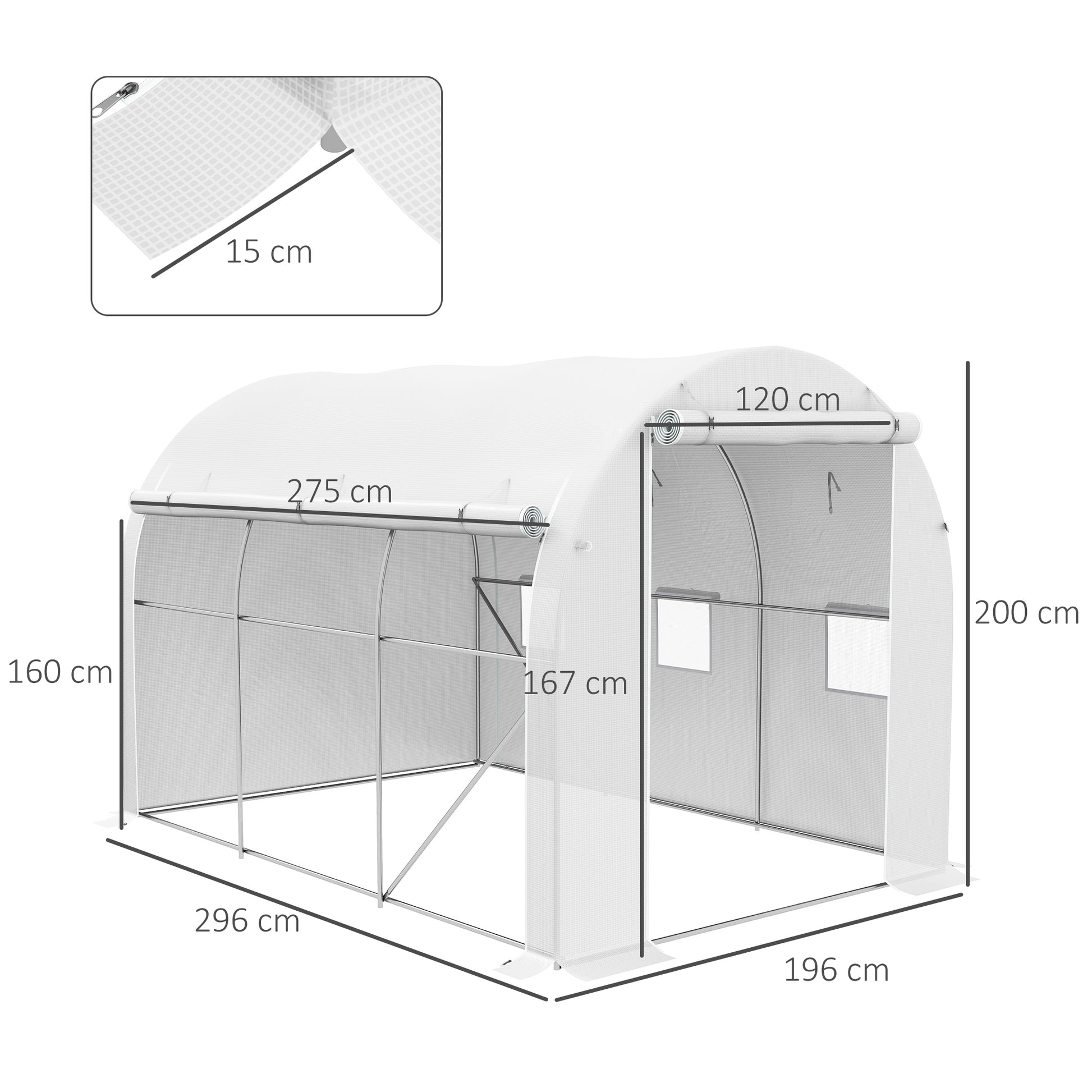 Outsunny Invernadero de Túnel 3x2x2 m Invernadero de Jardín con 3 Puertas y 6 Ventanas Enrollables Invernadero de Huerto con Techo de Redondo para Cultivos Plantas Flores Blanco
