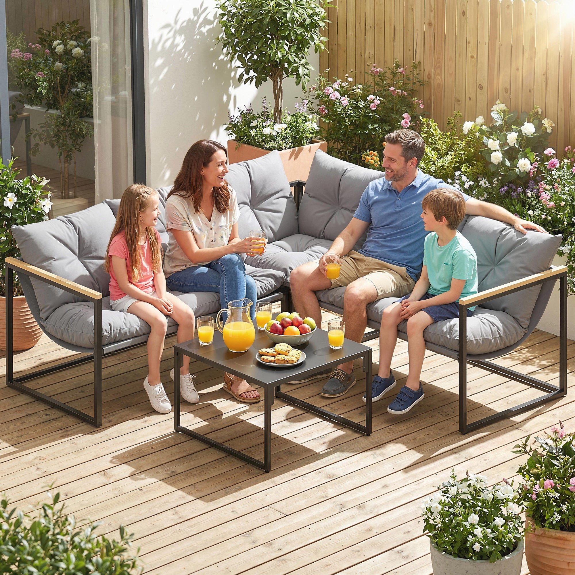Outsunny Conjunto de Muebles Jardín Exterior de 4 Piezas, Sofá Exterior Seccional Resistente Forma de L con Cojines Gruesos, 2 Sofás de 2 Plazas, Sofá de Esquina y Mesa Centro de Vidrio Templado, Gris