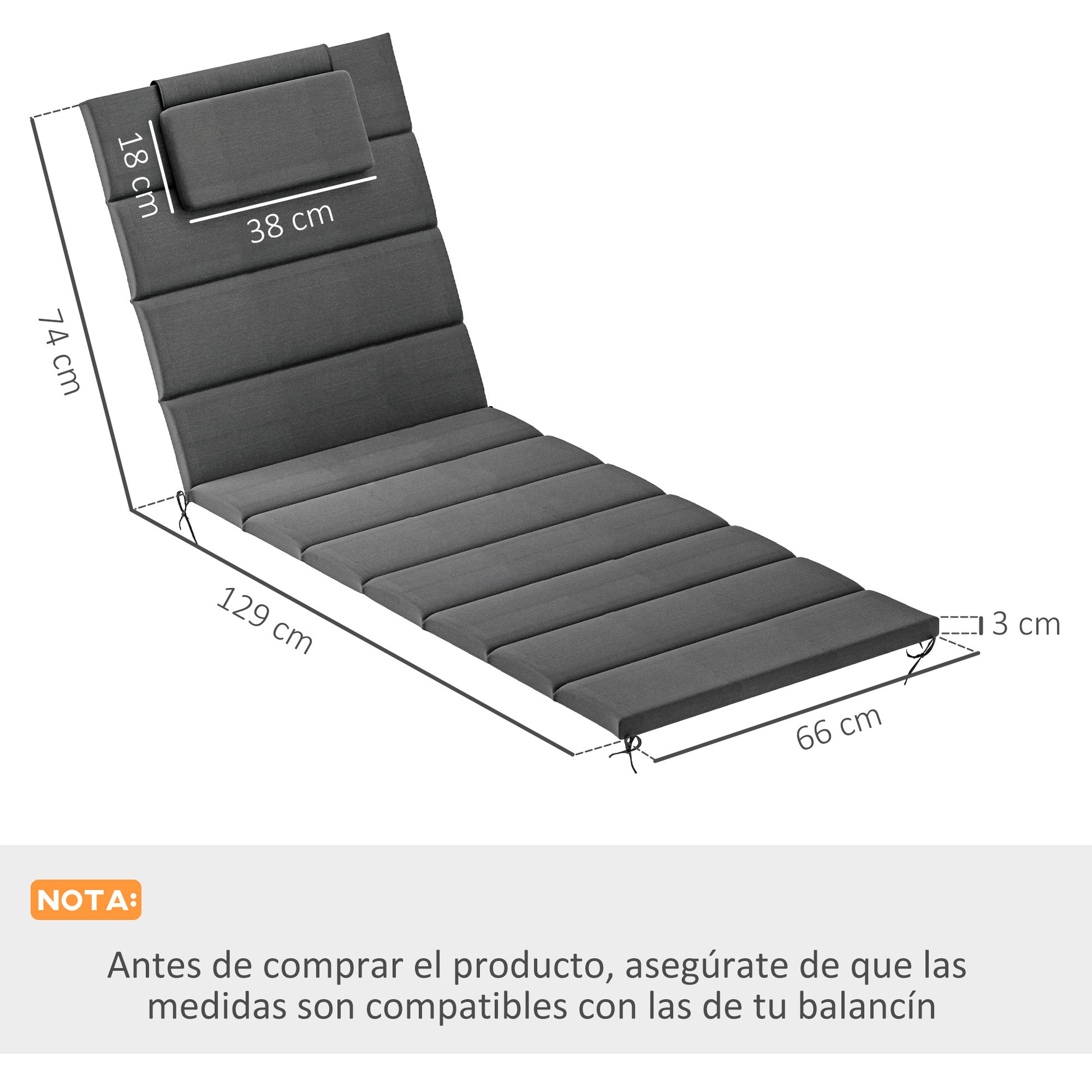 Outsunny Pack 2 Cojines para Tumbonas Plegables Colchonetas para Tumbonas de Jardín Exterior 203x66x3 cm con Reposacabezas y Correas de Sujeción Gris Oscuro