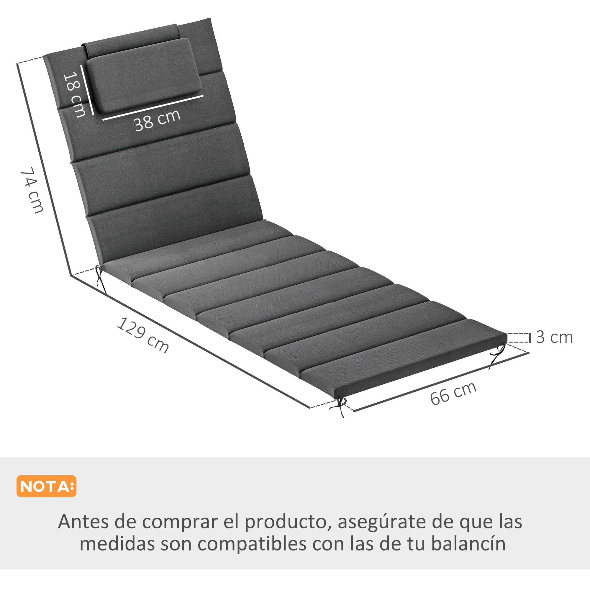 Outsunny Pack 2 Cojines para Tumbonas Plegables Colchonetas para Tumbonas de Jardín Exterior 203x66x3 cm con Reposacabezas y Correas de Sujeción Gris Oscuro