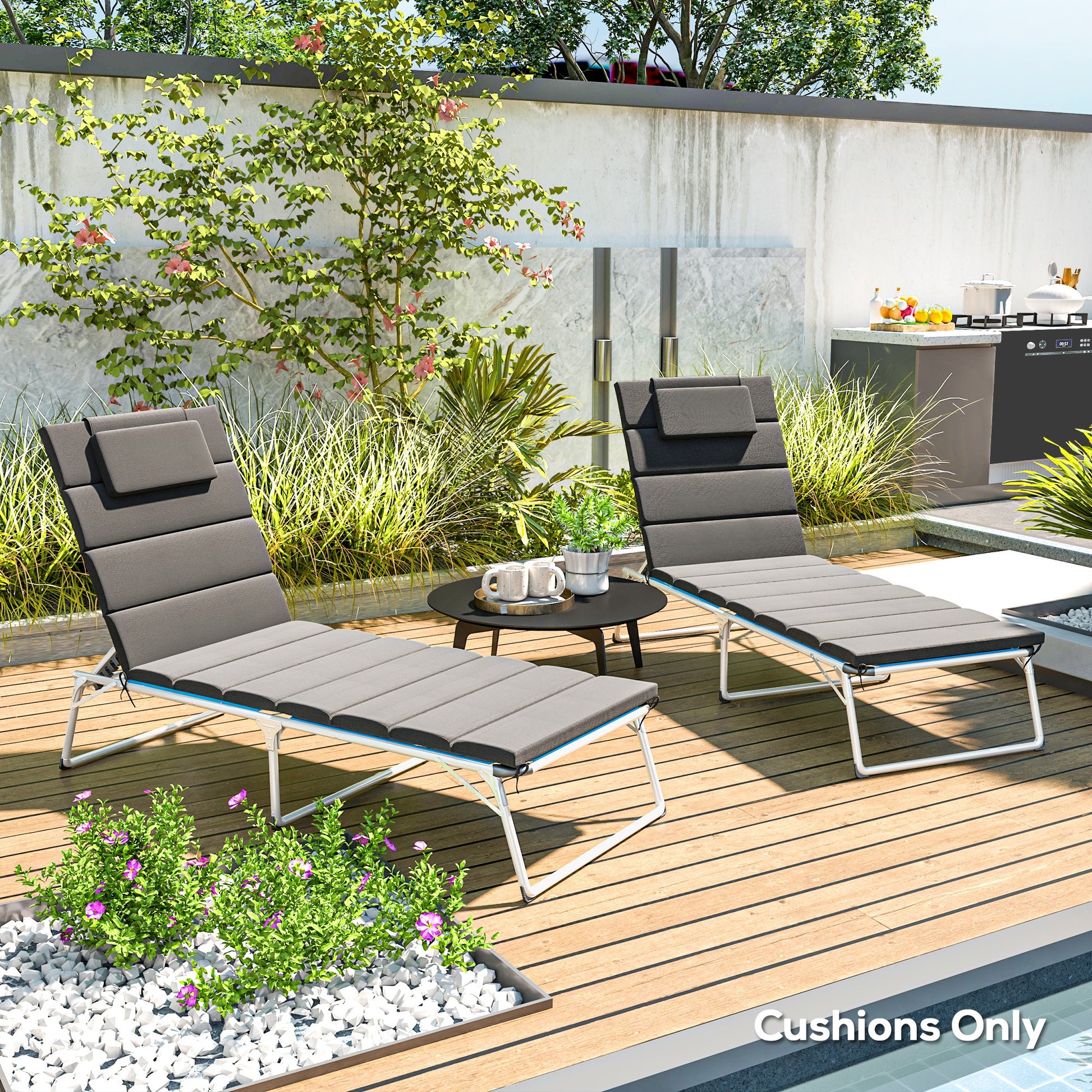 Outsunny Pack 2 Cojines para Tumbonas Plegables Colchonetas para Tumbonas de Jardín Exterior 203x66x3 cm con Reposacabezas y Correas de Sujeción Gris Oscuro