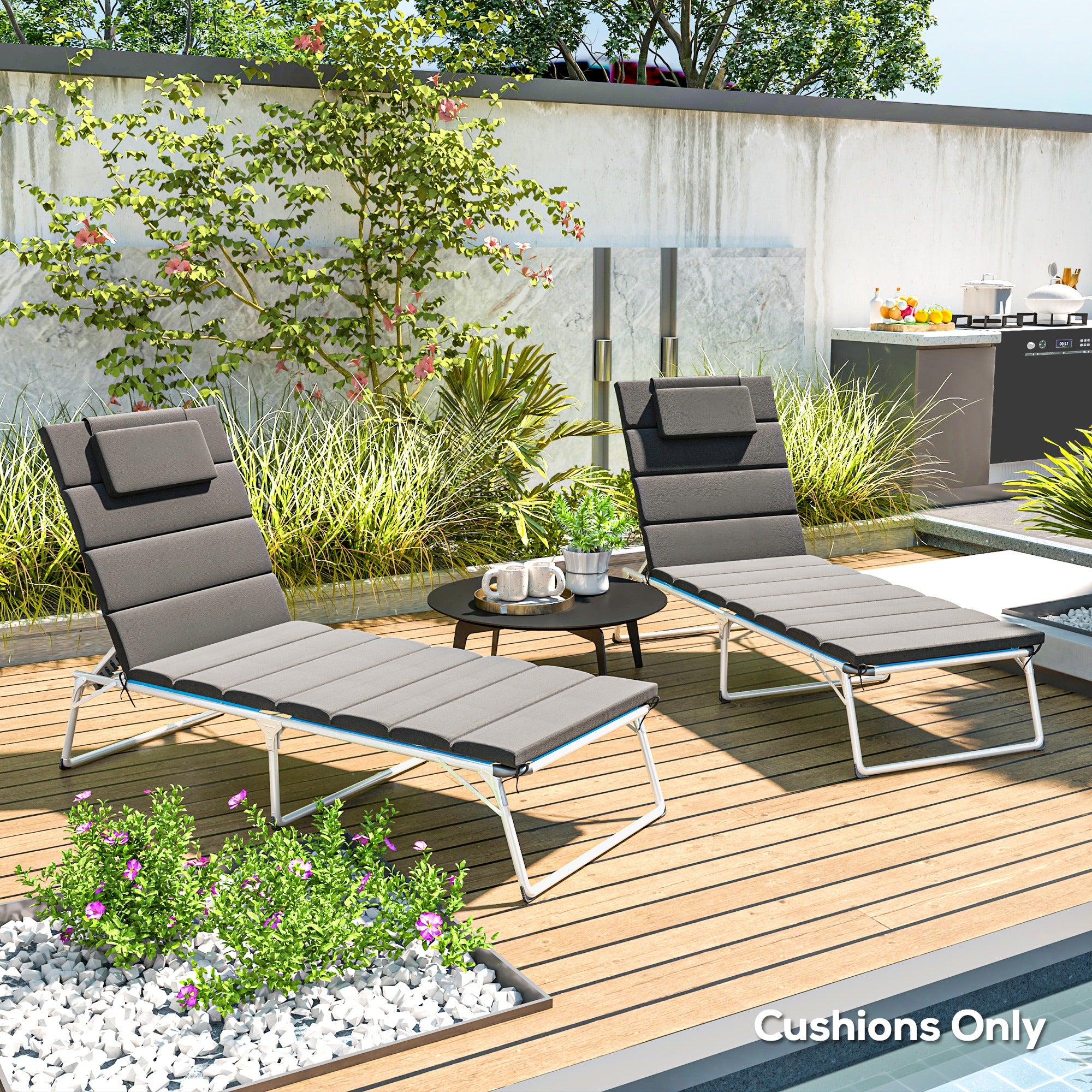 Outsunny Pack 2 Cojines para Tumbonas Plegables Colchonetas para Tumbonas de Jardín Exterior 203x66x3 cm con Reposacabezas y Correas de Sujeción Gris Oscuro