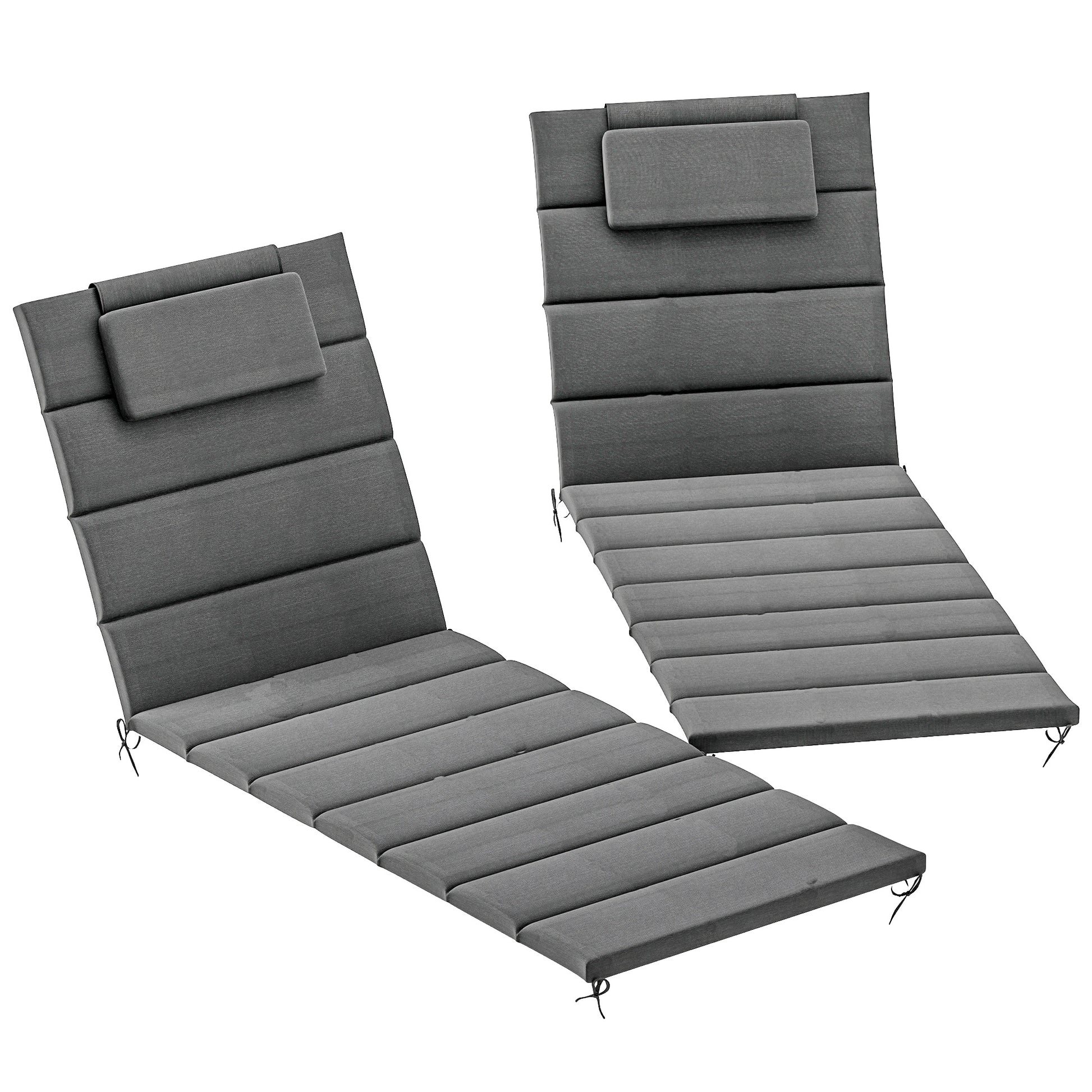 Outsunny Pack 2 Cojines para Tumbonas Plegables Colchonetas para Tumbonas de Jardín Exterior 203x66x3 cm con Reposacabezas y Correas de Sujeción Gris Oscuro