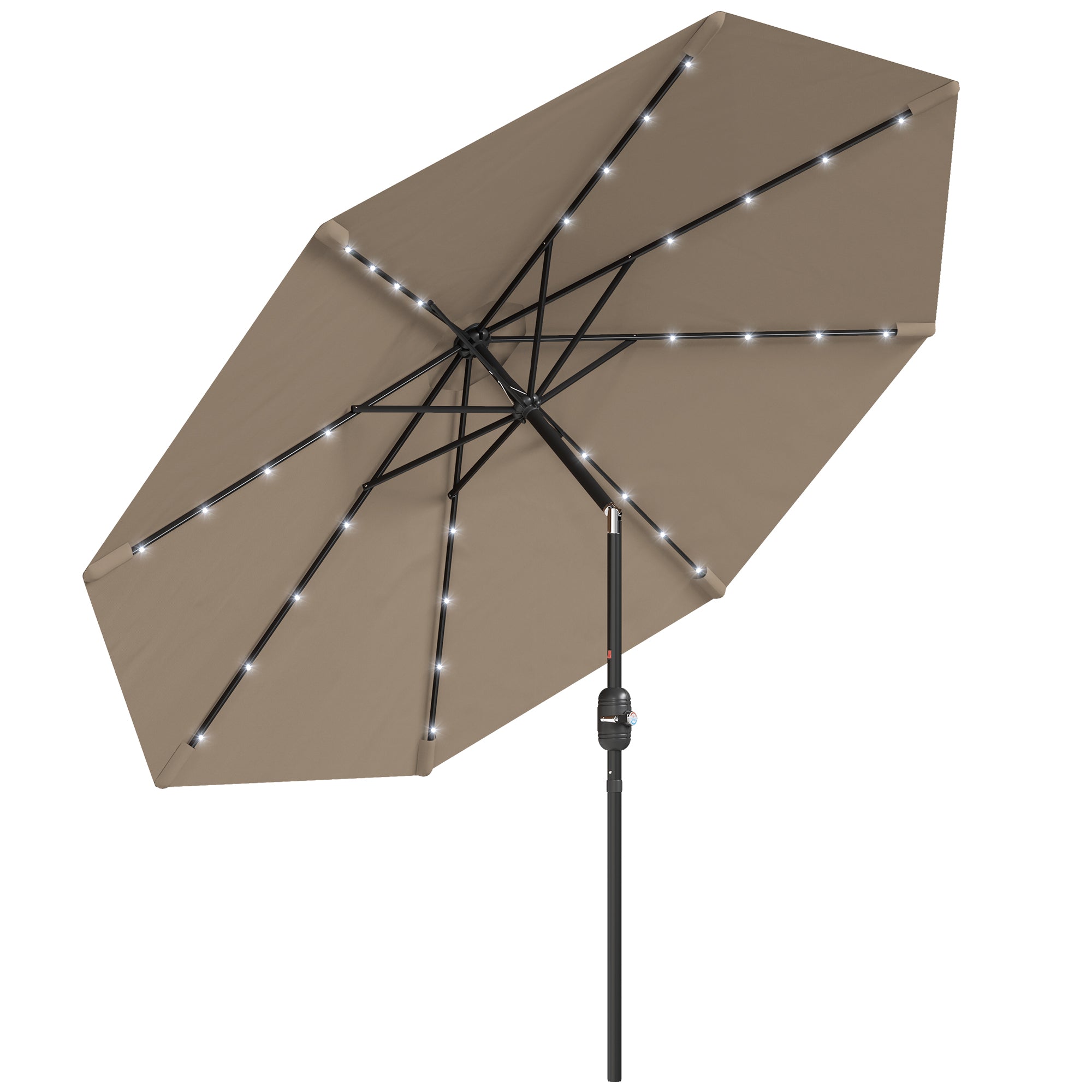 Outsunny Sombrilla Terraza Exterior, Ø265 cm, Sombrilla de Jardín con 32 Luces LED Solares, Poste de Acero y Manivela de Parasol Inclinable, para Patio, Terraza, Caqui