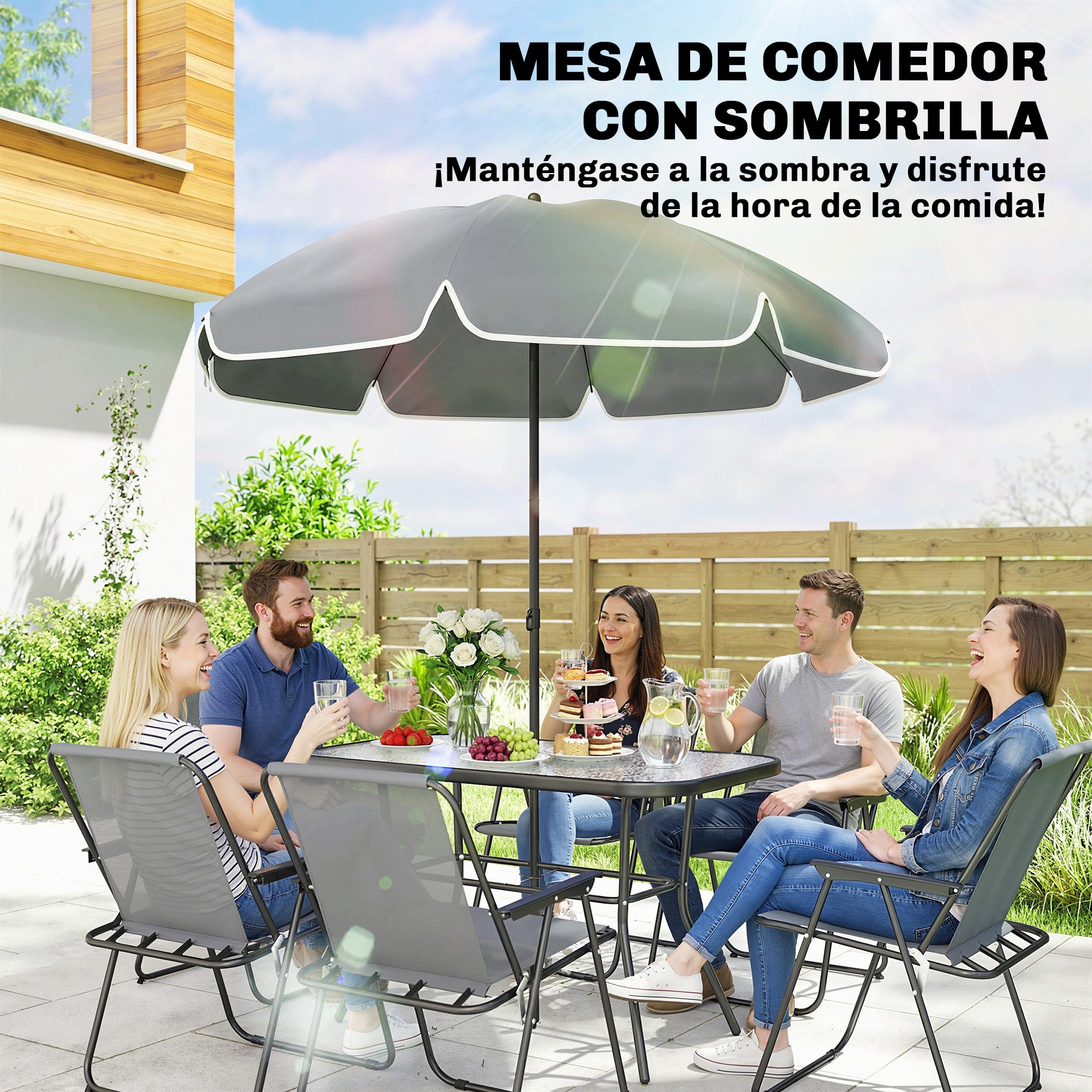 Outsunny Conjunto de Mesa y Sillas Jardín de 8 Piezas, Muebles de Jardín Exterior con Sombrilla, 6 Sillas Plegables, Mesa de Vidrio Templado, para Terraza, Patio, Gris
