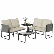 Outsunny Conjunto Jardín Exterior de 4 Piezas, Muebles Jardín Exterior con 2 Sofás 2 Plazas, 2 Mesas de Vidrio, Cojines, Fundas Extraíbles, Bolsillos, Tela Textilene Transpirable, Marco Acero, Caqui