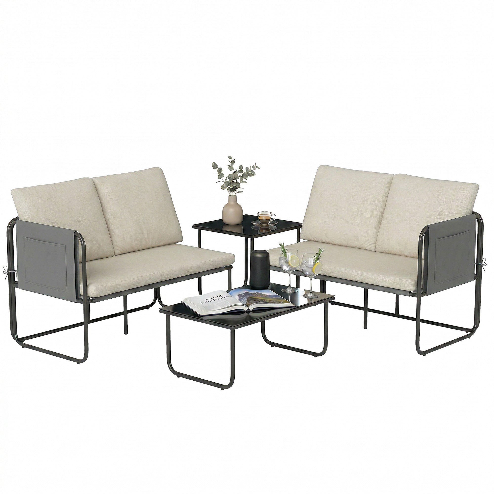 Outsunny Conjunto Jardín Exterior de 4 Piezas, Muebles Jardín Exterior con 2 Sofás 2 Plazas, 2 Mesas de Vidrio, Cojines, Fundas Extraíbles, Bolsillos, Tela Textilene Transpirable, Marco Acero, Caqui