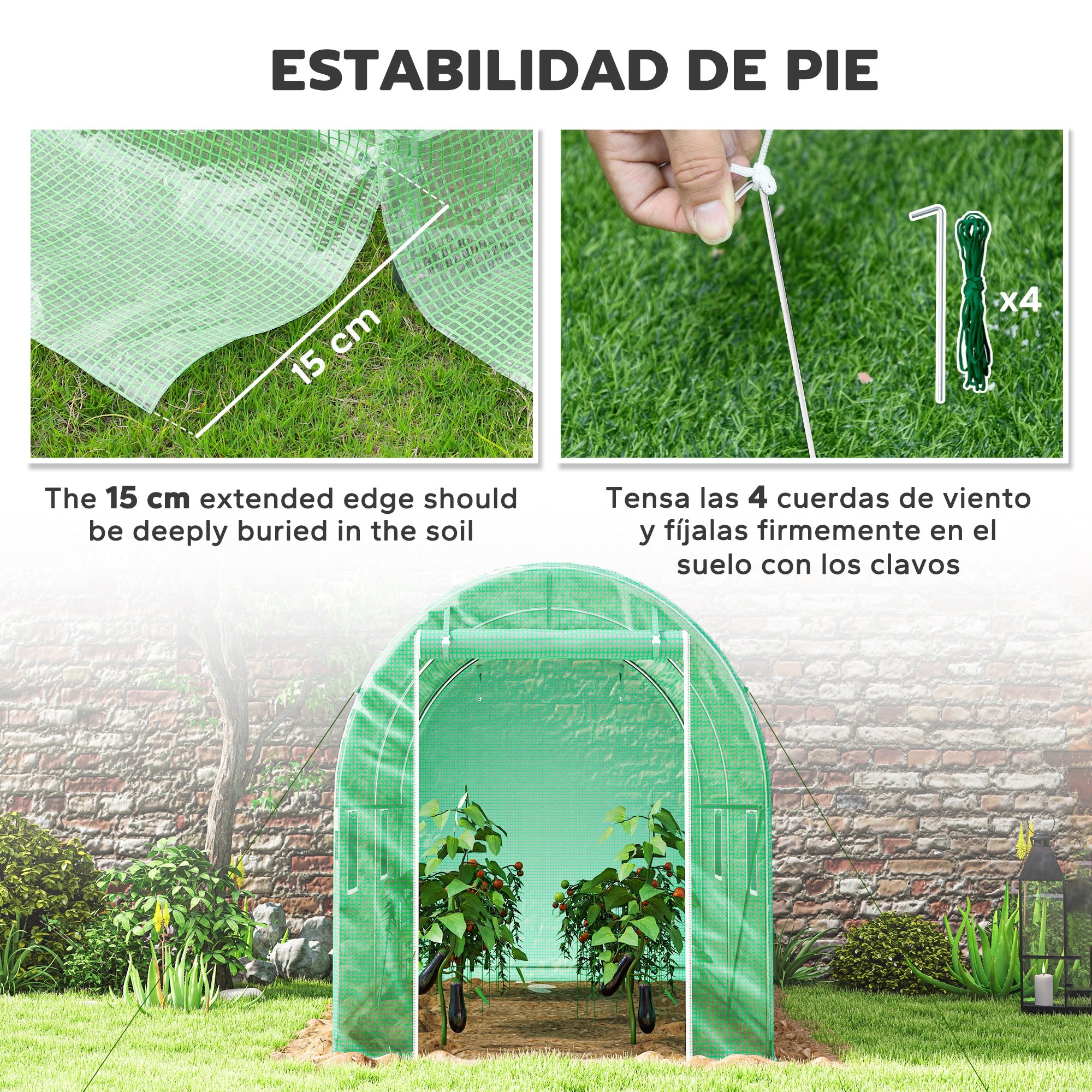 Outsunny Invernadero de Túnel 298x197x189 cm Invernadero de Jardín con Puerta Enrollable 4 Ventanas Cubierta PE 140g/m² Estructura de Metal Galvanizado para Cultivos Plantas Flores Verde