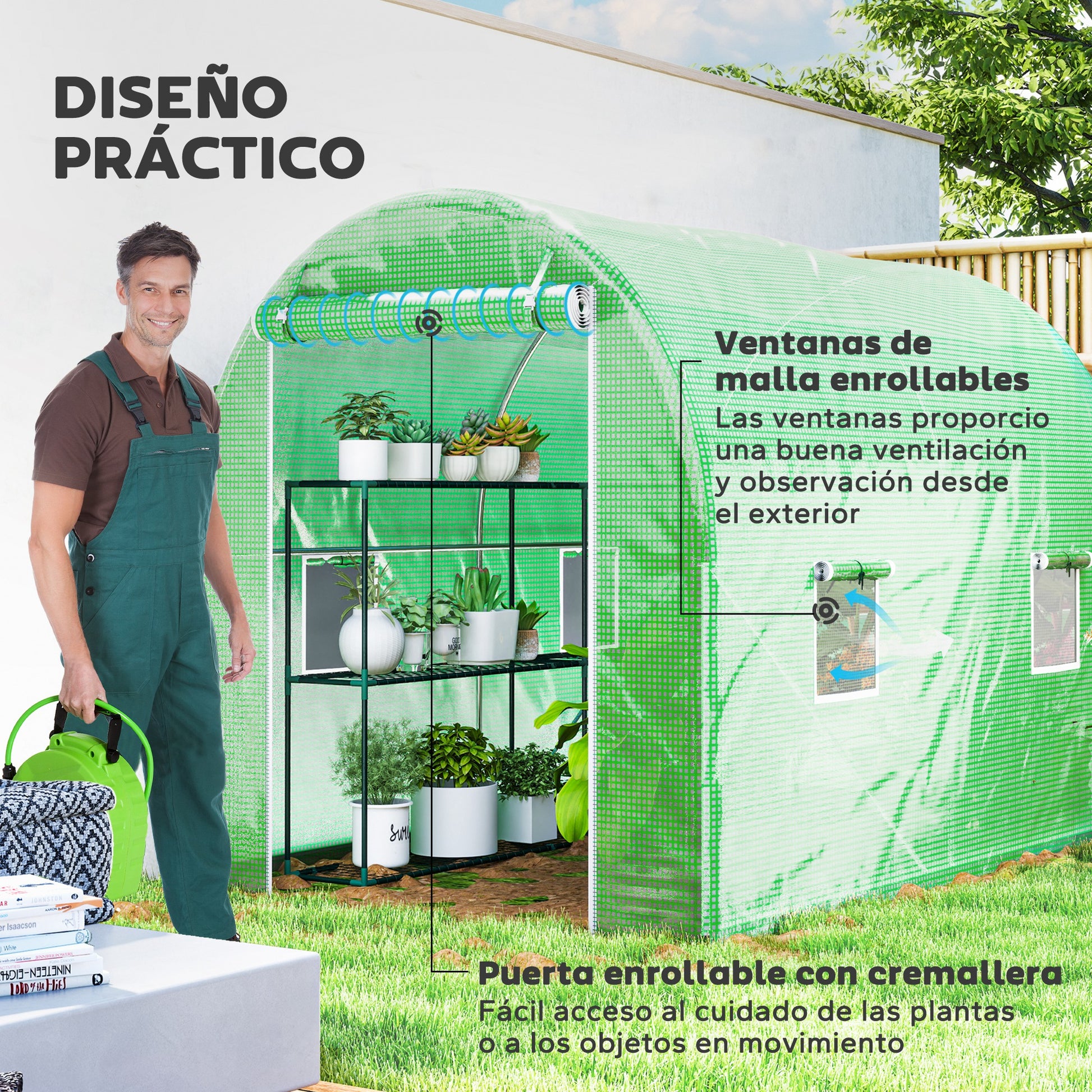 Outsunny Invernadero de Túnel 298x197x189 cm Invernadero de Jardín con Puerta Enrollable 4 Ventanas Cubierta PE 140g/m² Estructura de Metal Galvanizado para Cultivos Plantas Flores Verde