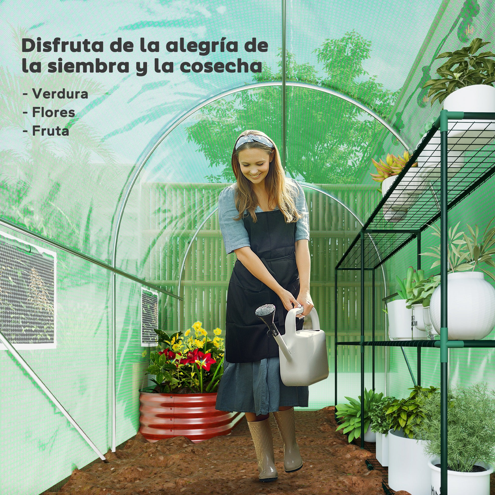 Outsunny Invernadero de Túnel 298x197x189 cm Invernadero de Jardín con Puerta Enrollable 4 Ventanas Cubierta PE 140g/m² Estructura de Metal Galvanizado para Cultivos Plantas Flores Verde