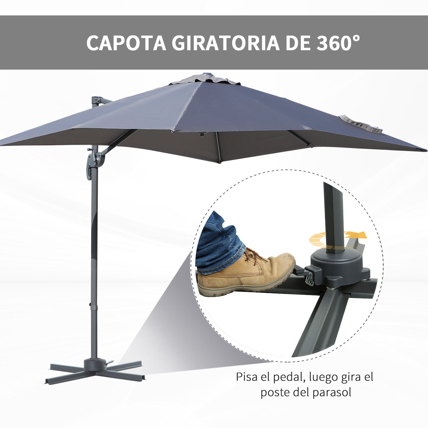 Outsunny Sombrilla de Aluminio Jardín 245x245x248 cm Parasol Excéntrico con Rotación 360° Inclinación de 5 Niveles con Manivela y Ventilación para Patio Terraza Gris