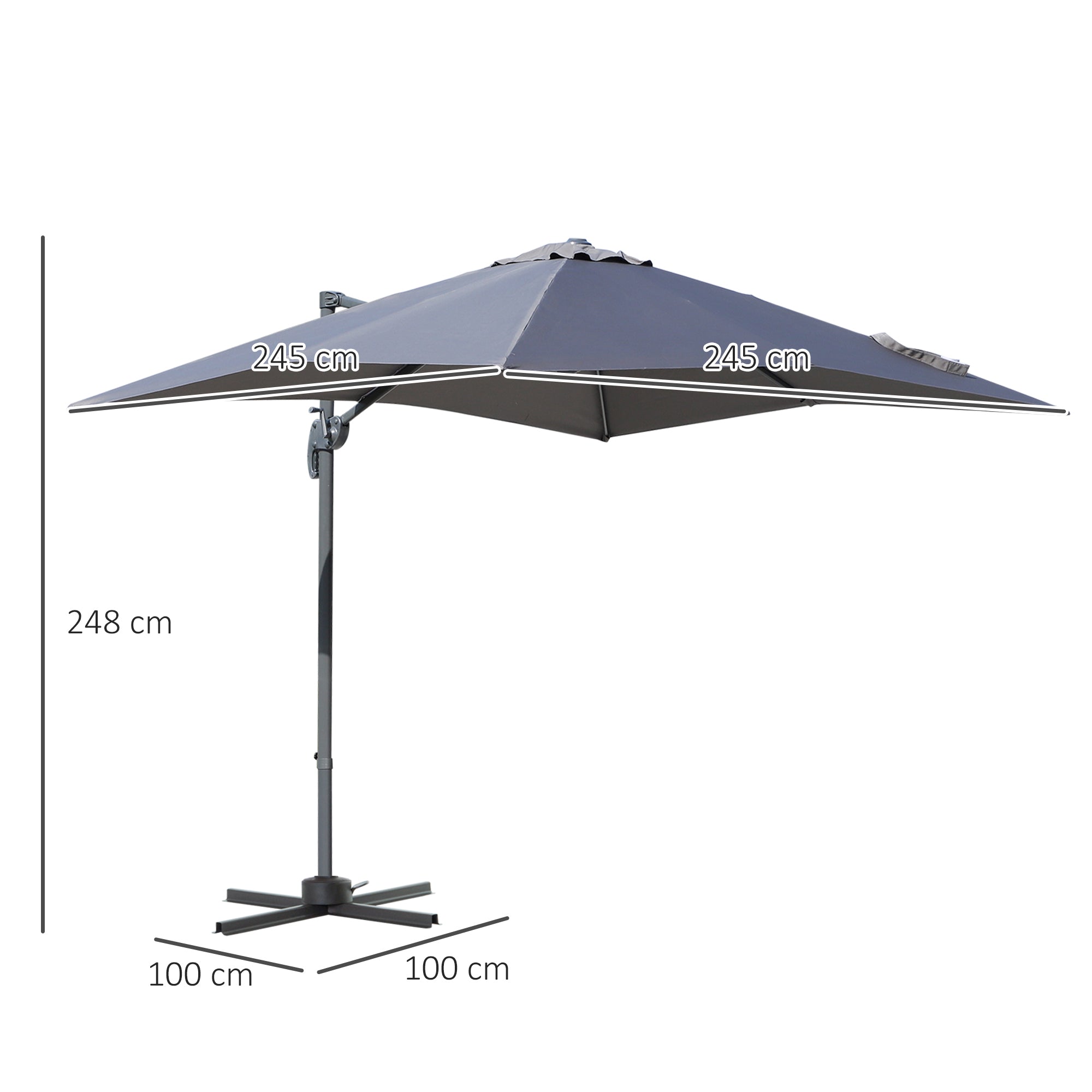 Outsunny Sombrilla de Aluminio Jardín 245x245x248 cm Parasol Excéntrico con Rotación 360° Inclinación de 5 Niveles con Manivela y Ventilación para Patio Terraza Gris