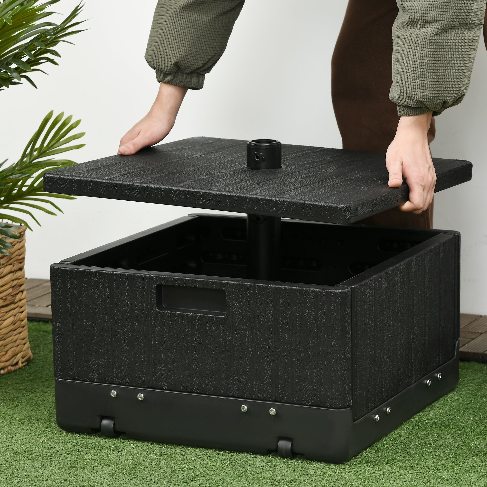 Outsunny Base para Sombrilla Exterior 3 en 1, Mesa Auxiliar, Macetero con Orificio de Drenaje, Soporte de Parasol Rellenable Arena 80 kg con Ruedas y Asas para Sombrilla con Postes Ø38 y Ø48 mm, Negro