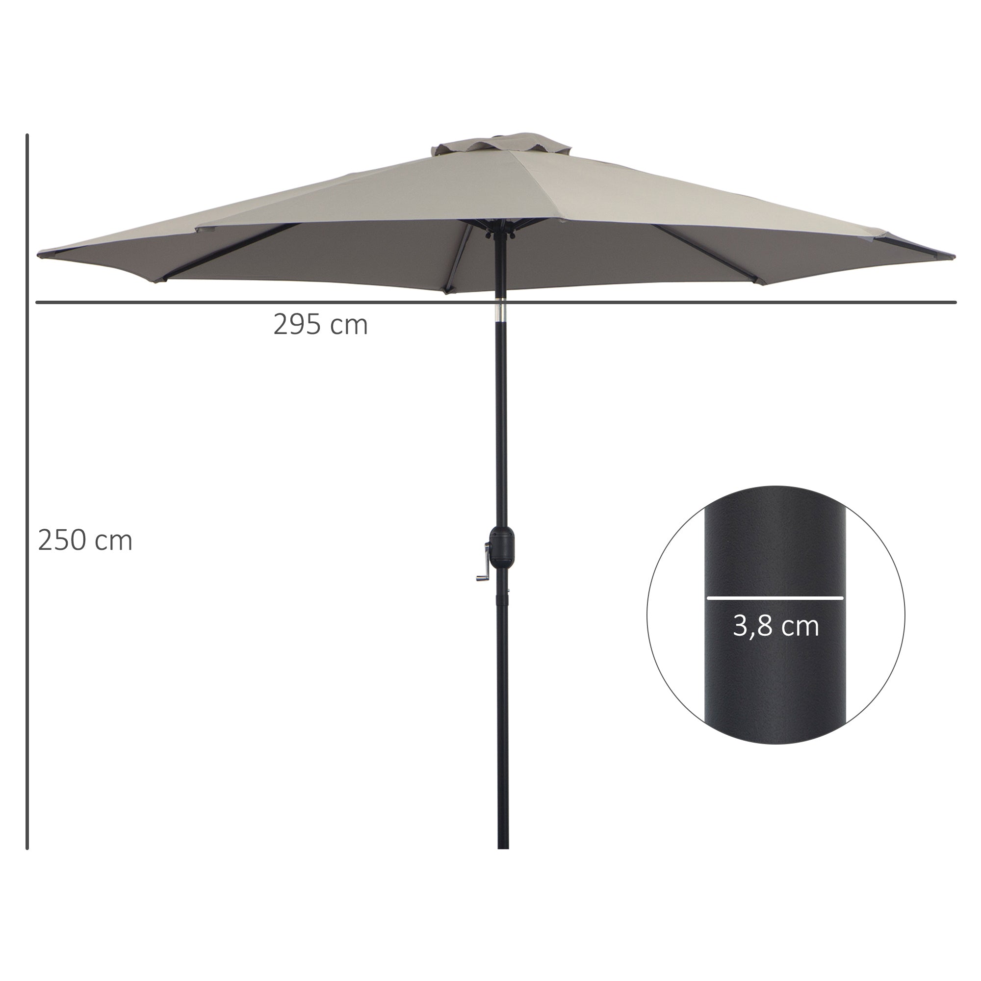 Outsunny Sombrilla de Jardín Ø295x250 cm con Manivela Parasol Exterior con Mecanismo de Inclinación y Poste Desmontable de Metal para Terraza Piscina Patio Gris Claro