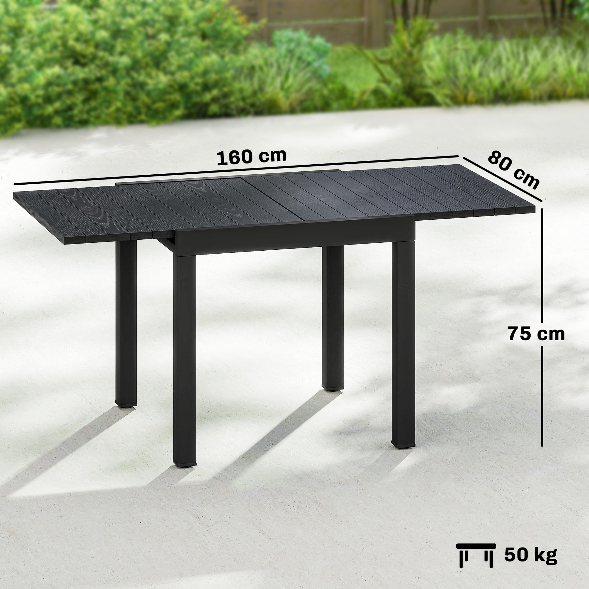 Outsunny Mesa de Jardín Extensible 80/160x80 cm, Mesa de Comedor Exterior Extensible Rectangular de Aluminio, con Superficie de Lamas de Efecto Madera, para 4-6 Personas, para Patio, Terraza, Negro