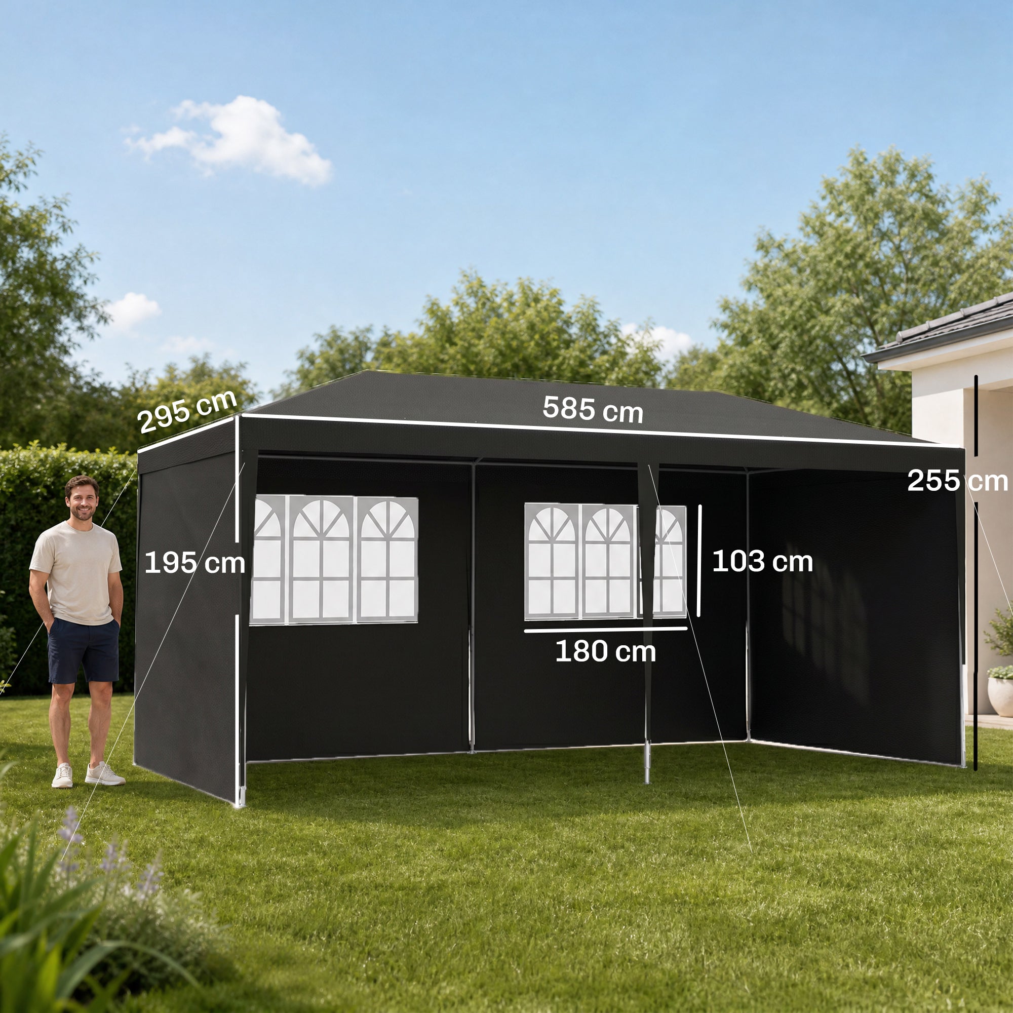 Outsunny Carpa de Jardín 6x3 m Cenador Pabellón de Jardín con 4 Paredes Laterales y 2 Ventanas Visibles, Marco de Acero, Anti-UV, Impermeable, Gazebo para Patio, Exterior, Camping, Gris Oscuro