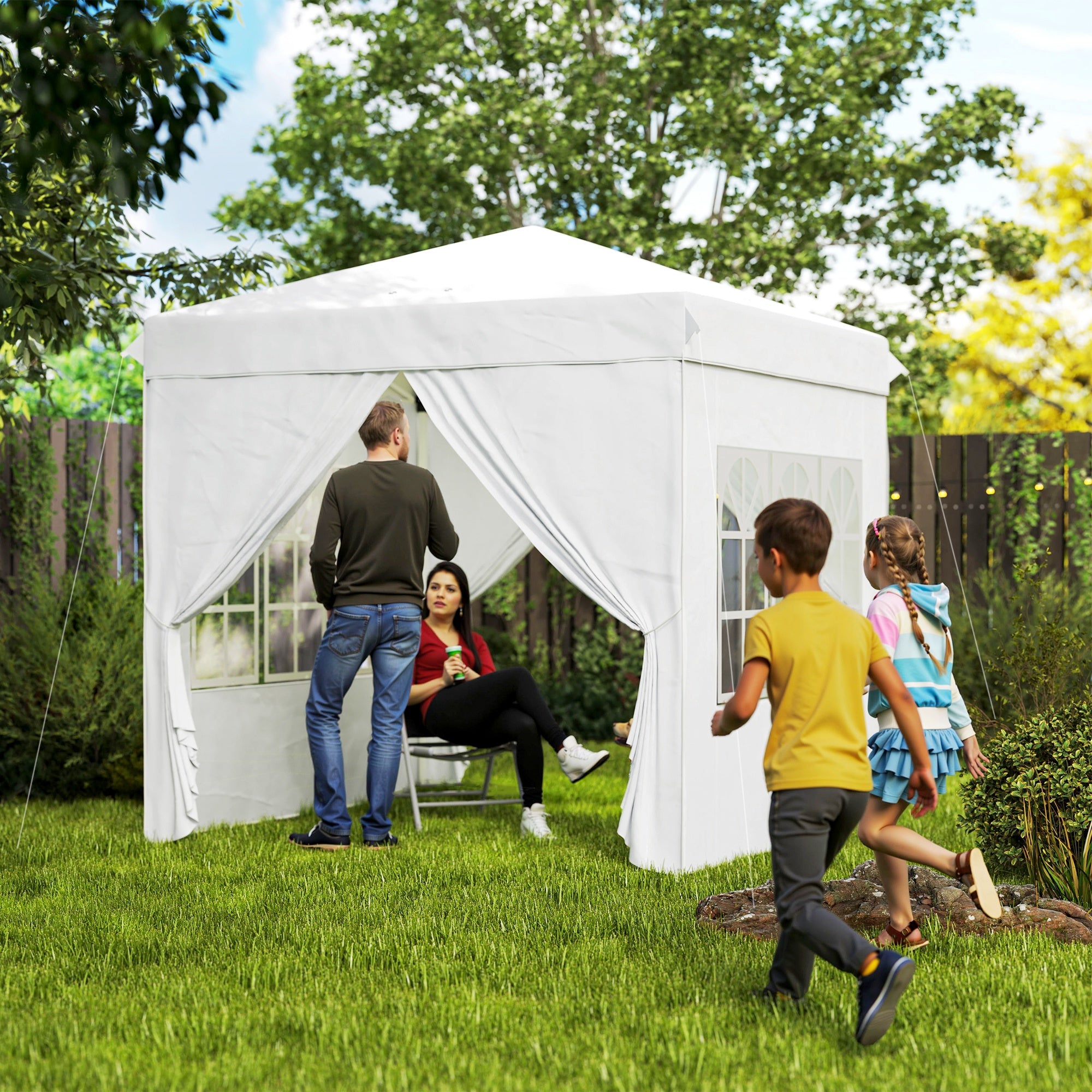 Outsunny Carpa Plegable Pop-up Gazebo 2,5x2,5 m Cenador Plegable con 4 Paredes Laterales Anti-UV y Bolsa de Transporte para Camping Fiestas Blanco