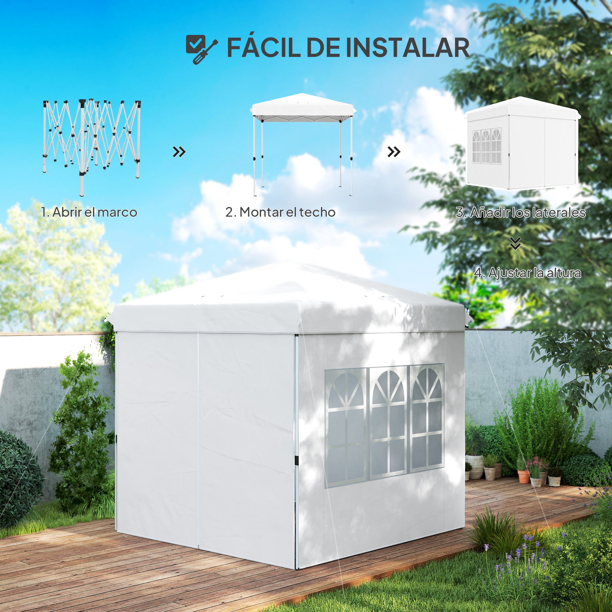 Outsunny Carpa Plegable Pop-up Gazebo 2,5x2,5 m Cenador Plegable con 4 Paredes Laterales Anti-UV y Bolsa de Transporte para Camping Fiestas Blanco