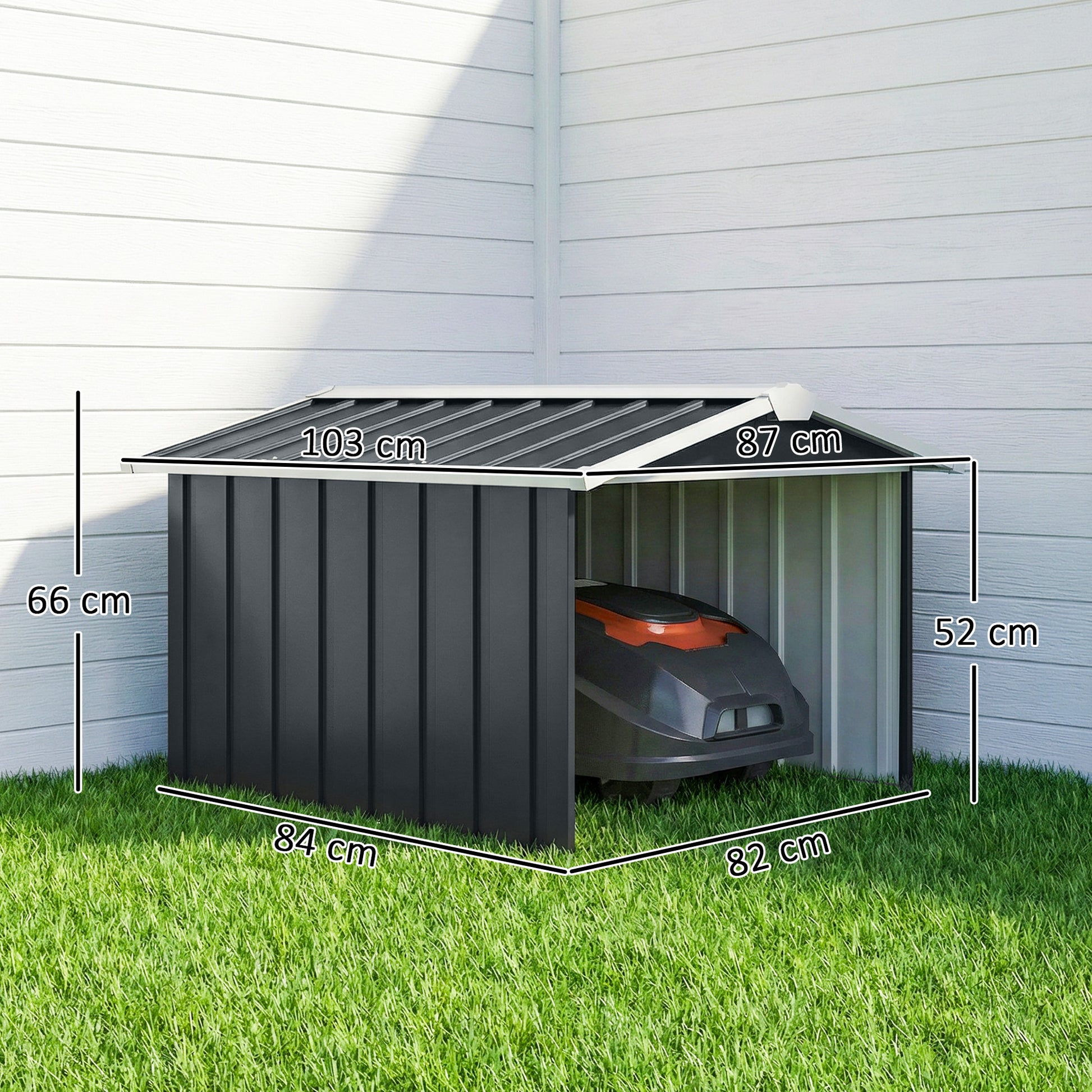 Outsunny Garaje para Robot Cortacésped de Acero Galvanizado con Techo Dos Aguas, Caseta para Robot Cortacésped, 87x103x66 cm, para Jardín, Exterior, Césped, Gris Oscuro