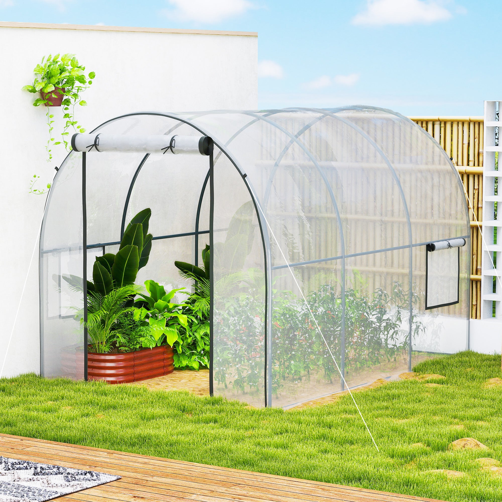Outsunny Invernadero de Exterior 3x2x2 m, Invernadero de Túnel con Puerta Enrollable, 2 Ventanas de Malla, Cubierta de Plástico y Marco de Acero, Anti-UV, para Cultivos, Plantas, Flores, Transparente
