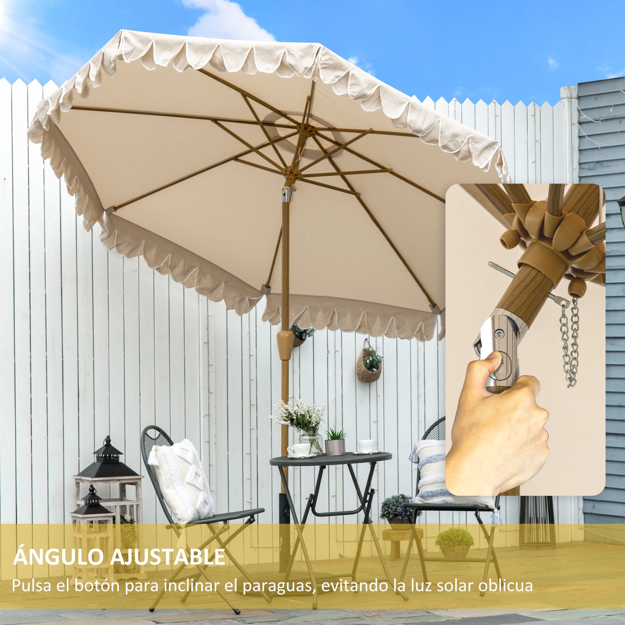 Outsunny Sombrilla de Terraza Ø264x240 cm Parasol de Jardín con Ángulo Ajustable Manivela y Volantes Impermeable para Playa Patio Balcón Caqui