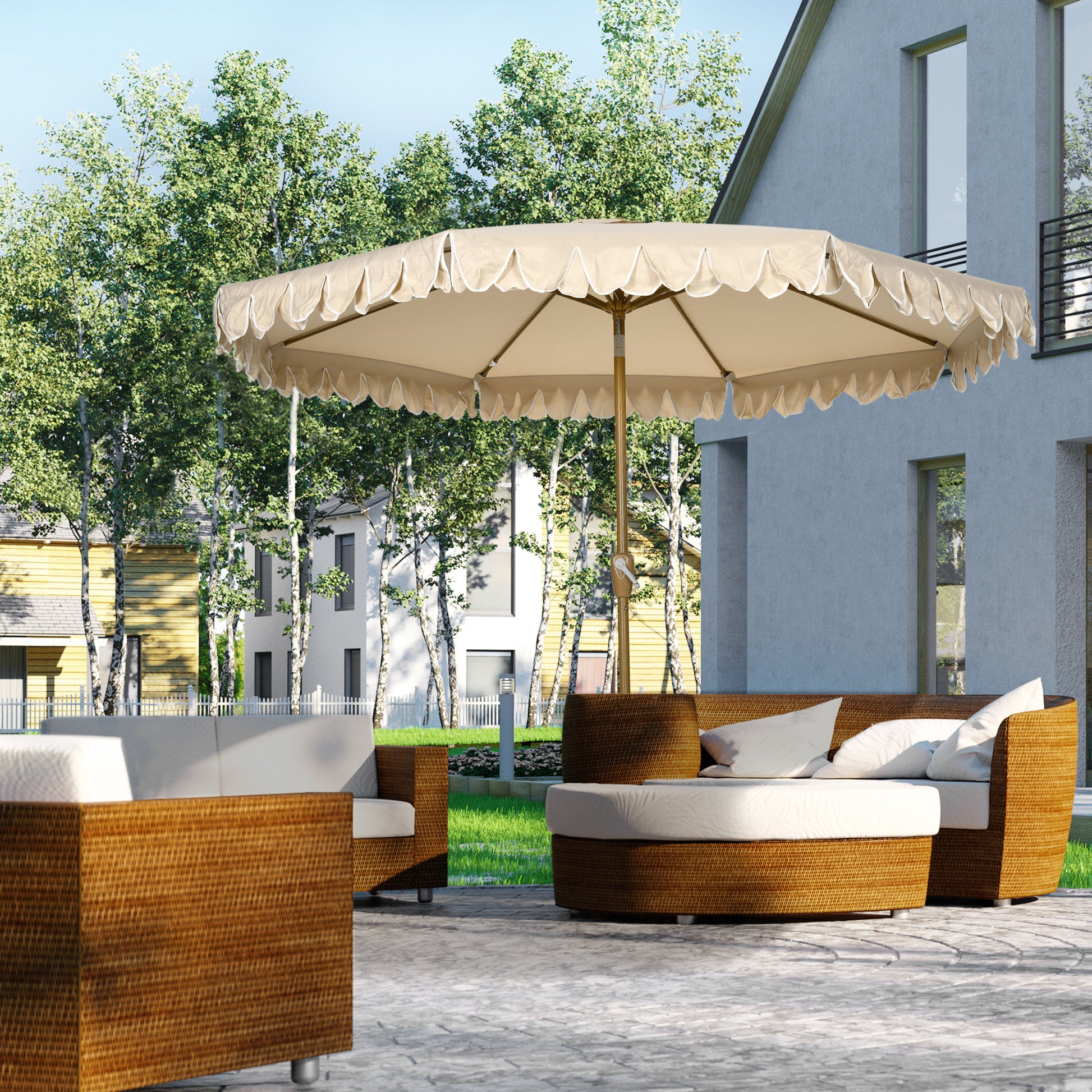 Outsunny Sombrilla de Terraza Ø264x240 cm Parasol de Jardín con Ángulo Ajustable Manivela y Volantes Impermeable para Playa Patio Balcón Caqui