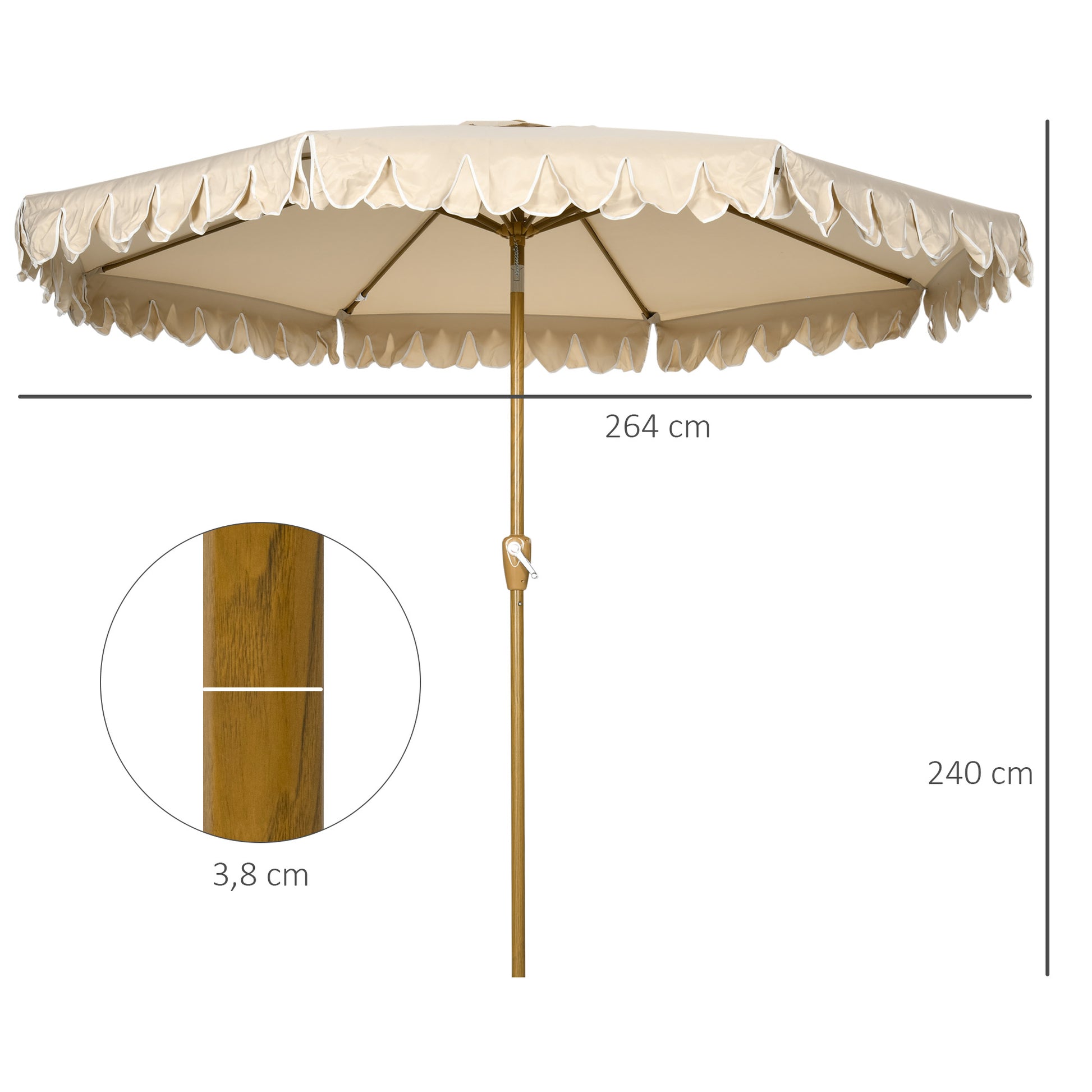 Outsunny Sombrilla de Terraza Ø264x240 cm Parasol de Jardín con Ángulo Ajustable Manivela y Volantes Impermeable para Playa Patio Balcón Caqui