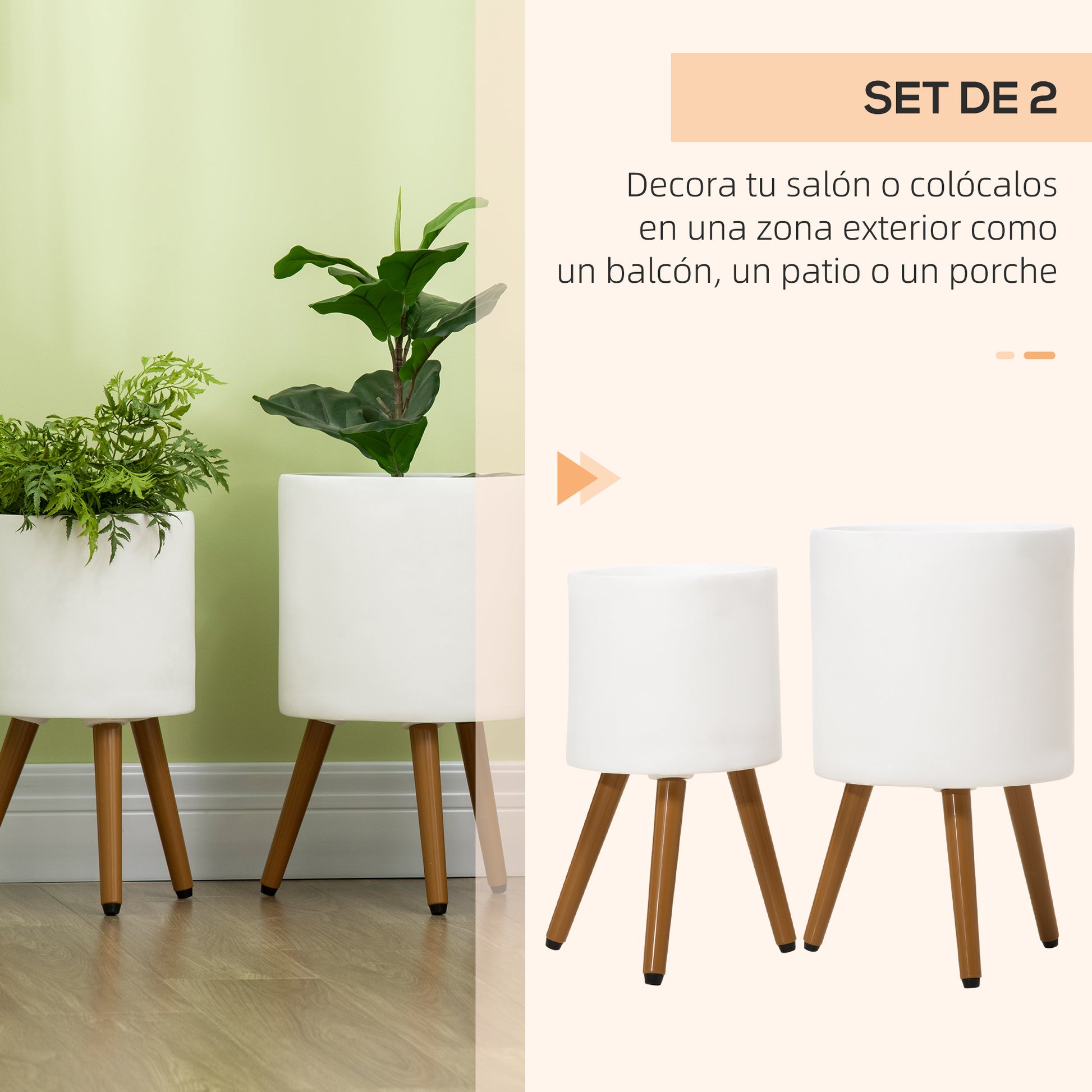 Outsunny Conjunto de 2 Macetas para Plantas Macetas de Magnesia con Patas Extraíbles y Orificio de Drenaje Decoración para Interior y Exterior Ø31x55 cm y Ø26x47 cm Blanco