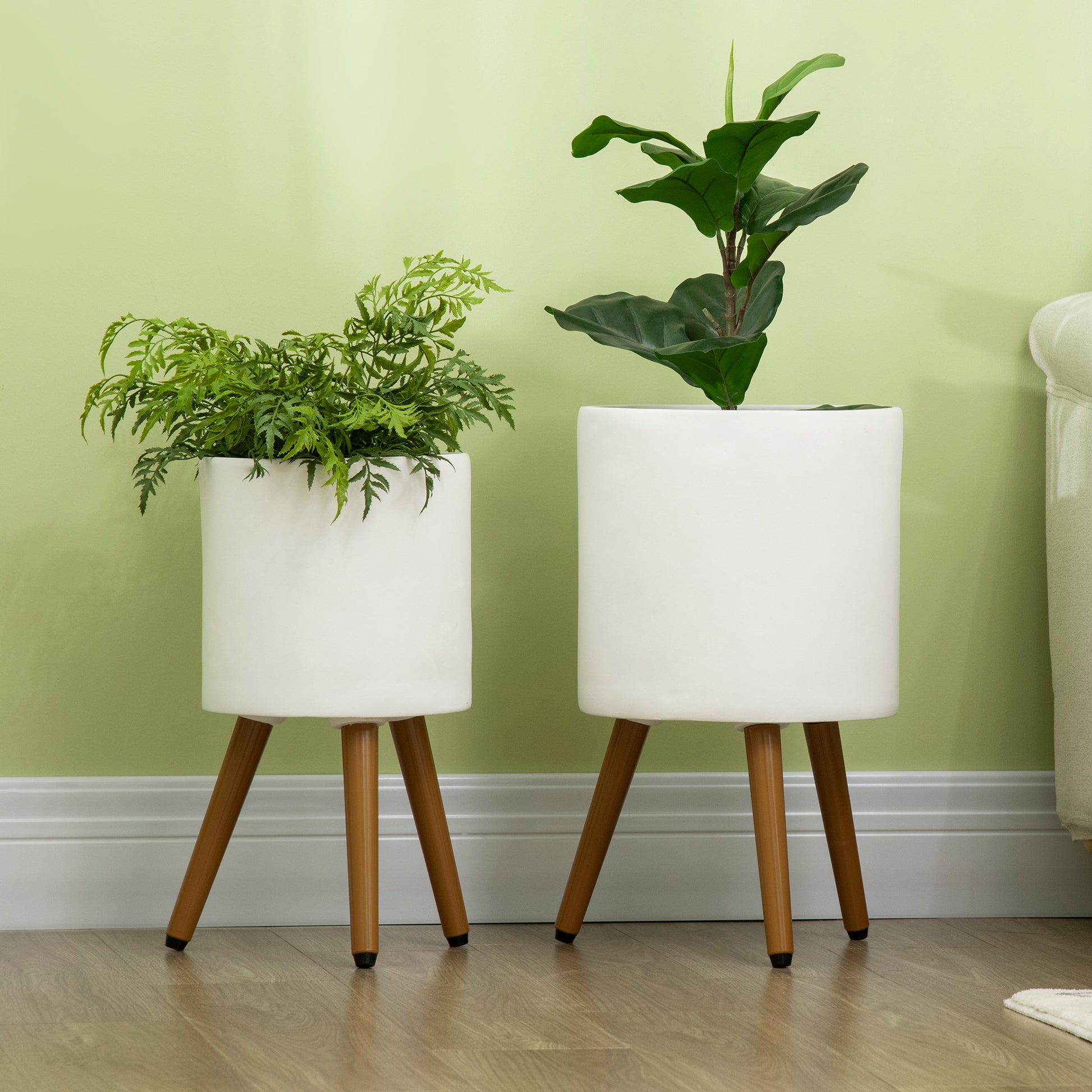 Outsunny Conjunto de 2 Macetas para Plantas Macetas de Magnesia con Patas Extraíbles y Orificio de Drenaje Decoración para Interior y Exterior Ø31x55 cm y Ø26x47 cm Blanco