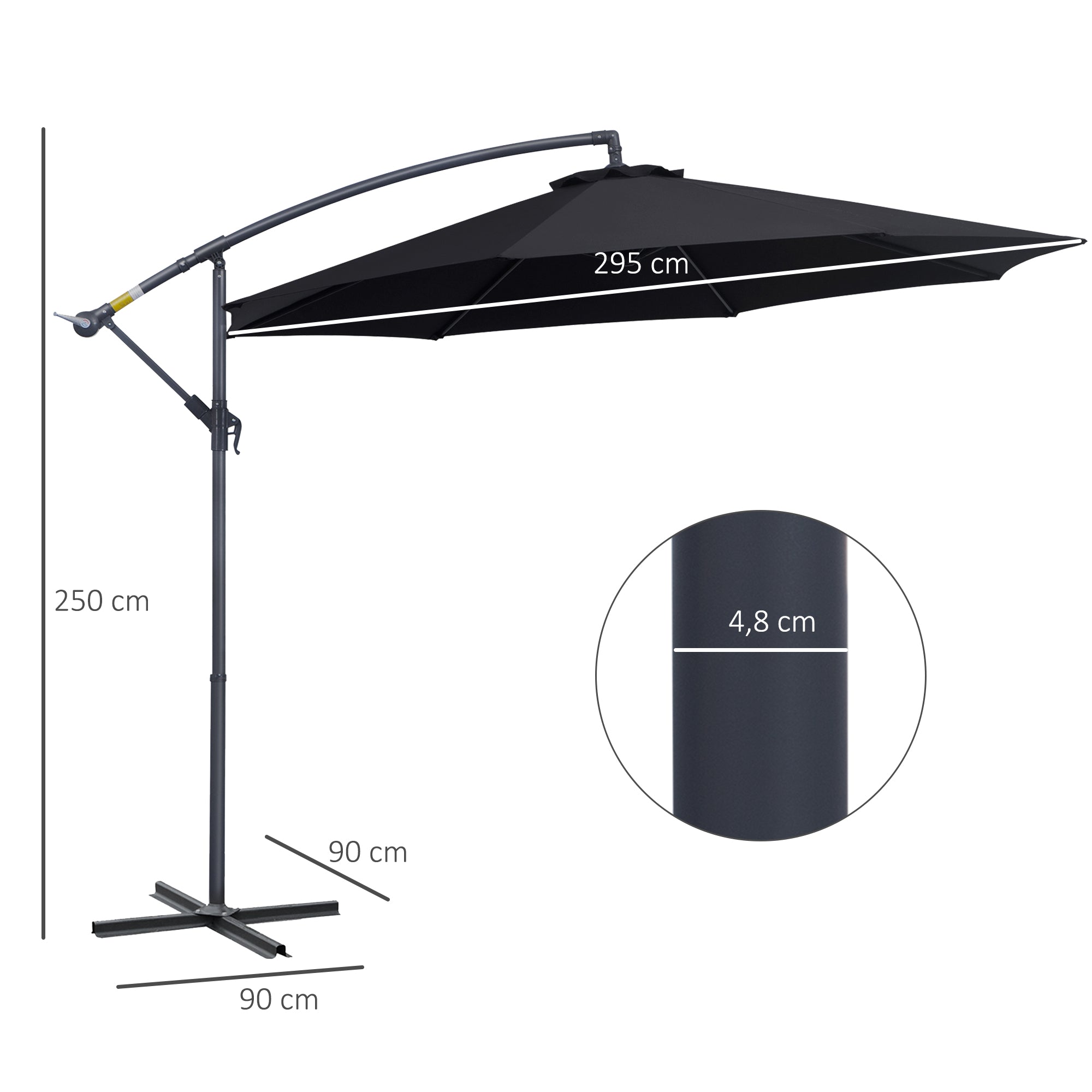 Outsunny Sombrilla de Jardín Ø295x250 cm Parasol Excéntrico Inclinable con Manivela Base Cruzada y Soporte de Metal 8 Varillas para Terraza Exterior Balcón Negro