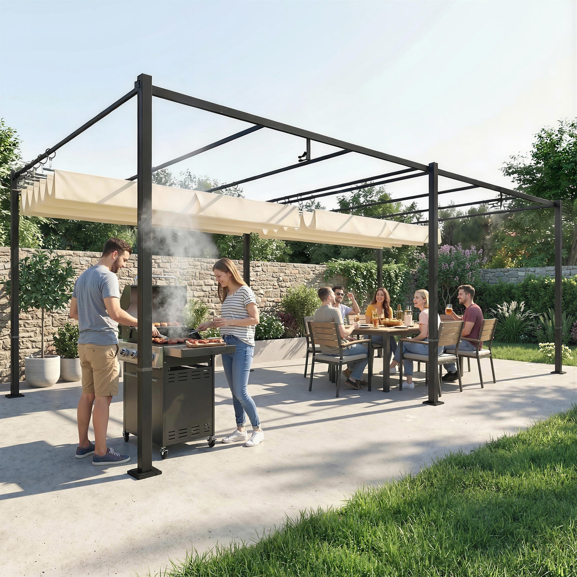 Outsunny Pérgola de Jardín 6x3 m con Techo Retráctil, Cenador de Jardín con Protección UPF50+, Drenaje, Estructura Metálica, Pabellón para Patio, Terraza, Exterior, Blanco Crema