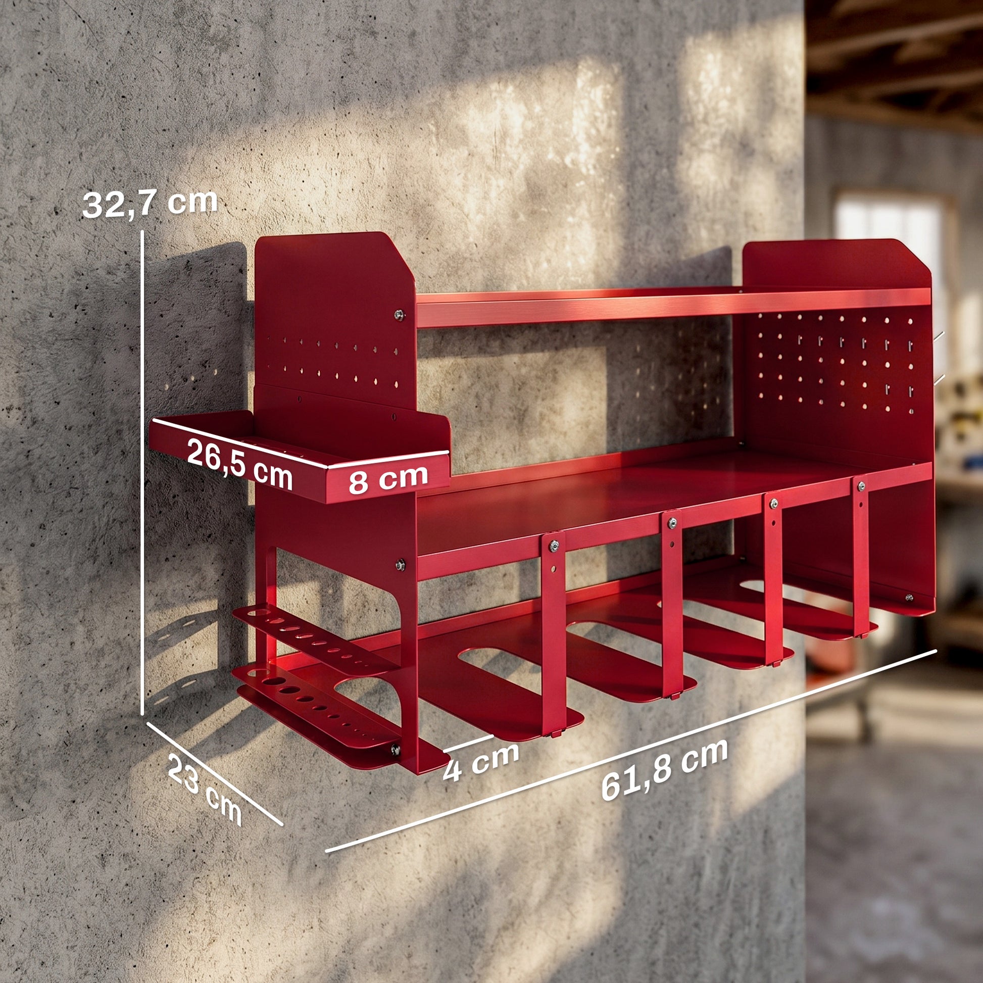 Outsunny Organizador de Herramientas Eléctricas de Jardín, Estante de Almacenamiento de Pared de 2 Niveles para 5 Taladros, Soporte de Metal con Bandeja Lateral y 4 Ganchos, para Garaje,Taller, Rojo