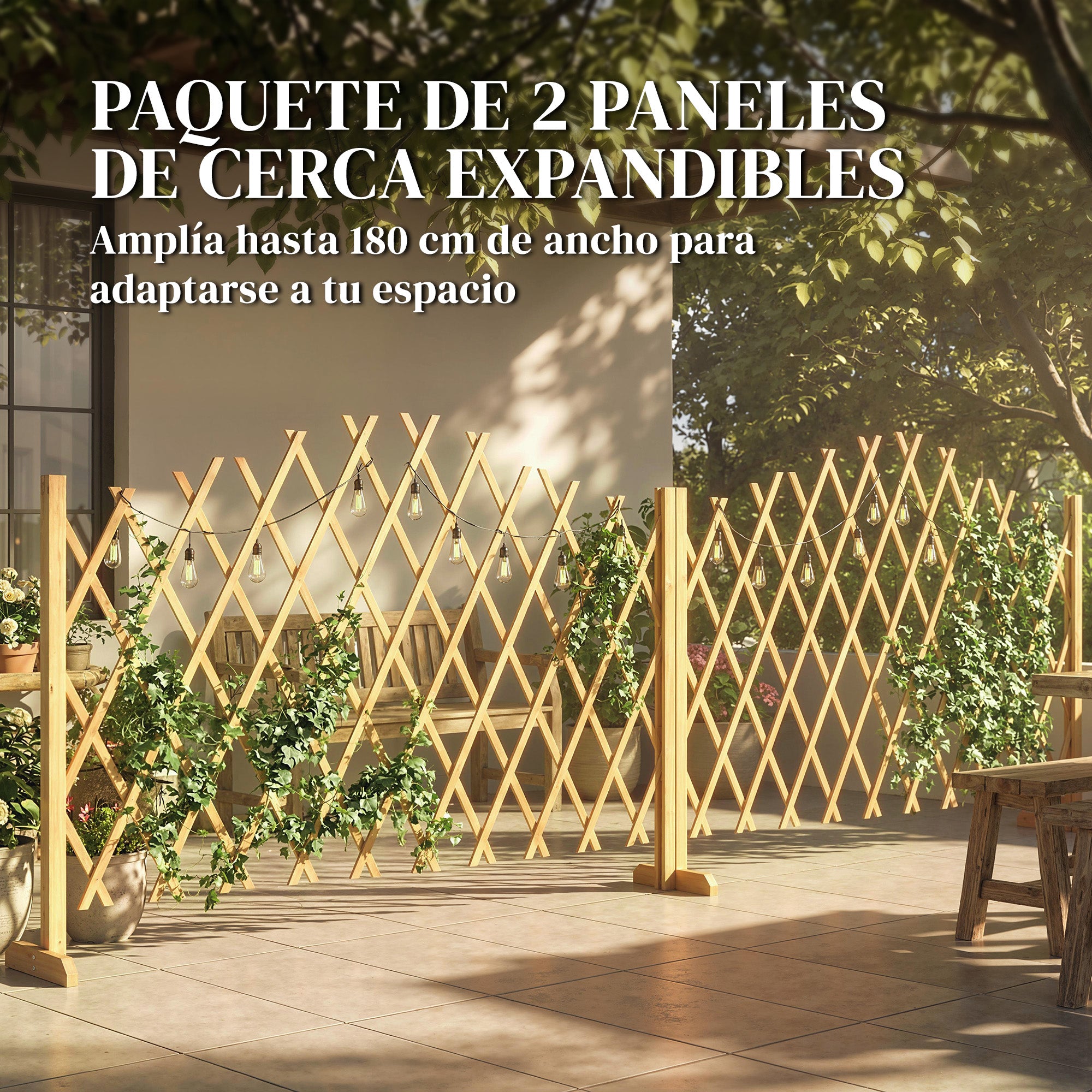 Outsunny Set de 2 Paneles de Vallas de Jardín Exterior de Madera, Puertas de Jardín Exterior Extensibles, Vallas de Jardín para Decoración Terraza, Patio, 180x30x103 cm, Natural