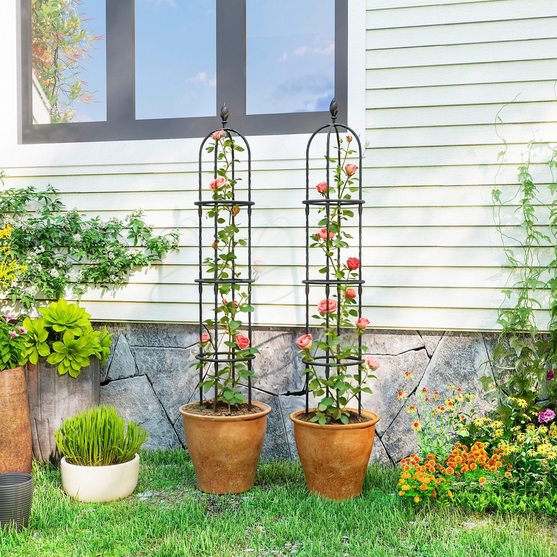Outsunny Juego de 2 Obeliscos de Jardín de Acero, 1,74 m, Enrejados para Plantas Trepadoras, Rosas, Frutas, Verduras, Soportes Decorativos para Exterior, Patio, Terraza, Negro