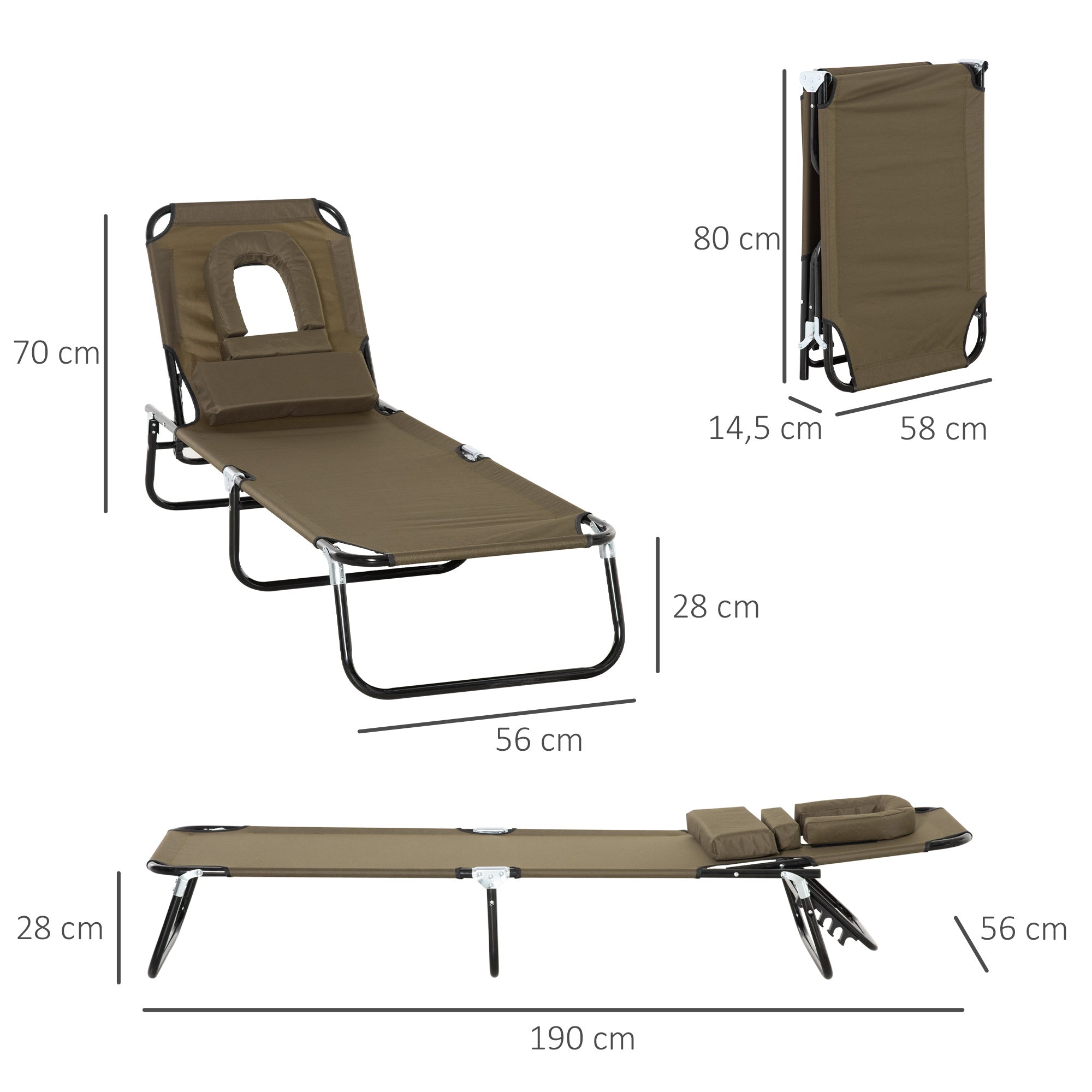 Outsunny Tumbona Plegable con Respaldo Regulable en 4 Posiciones Tumbona de Jardín con Orificio de Lectura Almohada Marco Metálico y Tela Oxford para Playa Terraza Carga 120 kg 190x56x28 cm Marrón