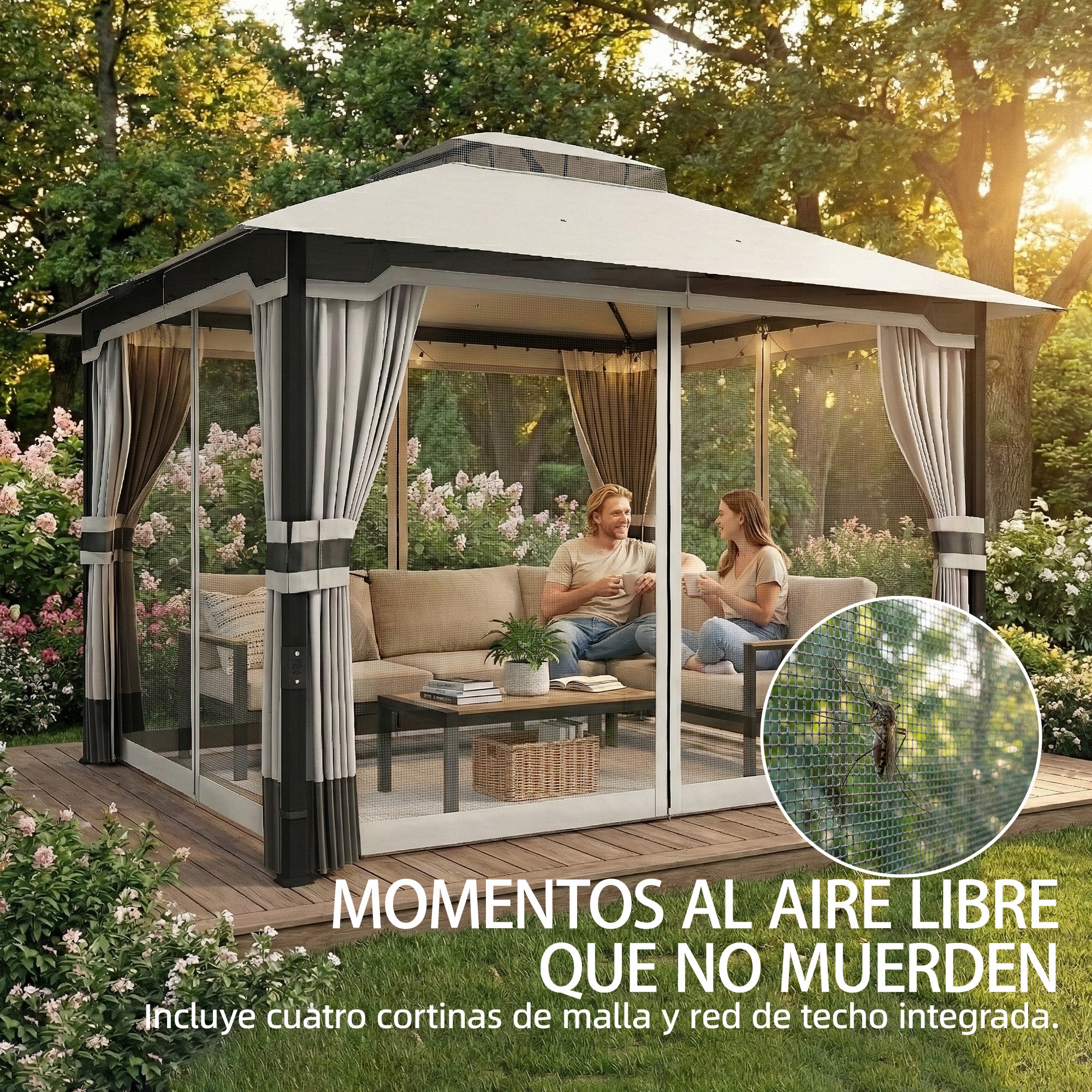 Outsunny Cenador para Jardín 3x3,6 m, Pabellón de Jardín Gazebo con Doble Techo, 4 Paredes Laterales y Mosquitera, Estructura Metálica, Drenaje, Carpa para Exterior, Terraza, Patio, Gris Claro