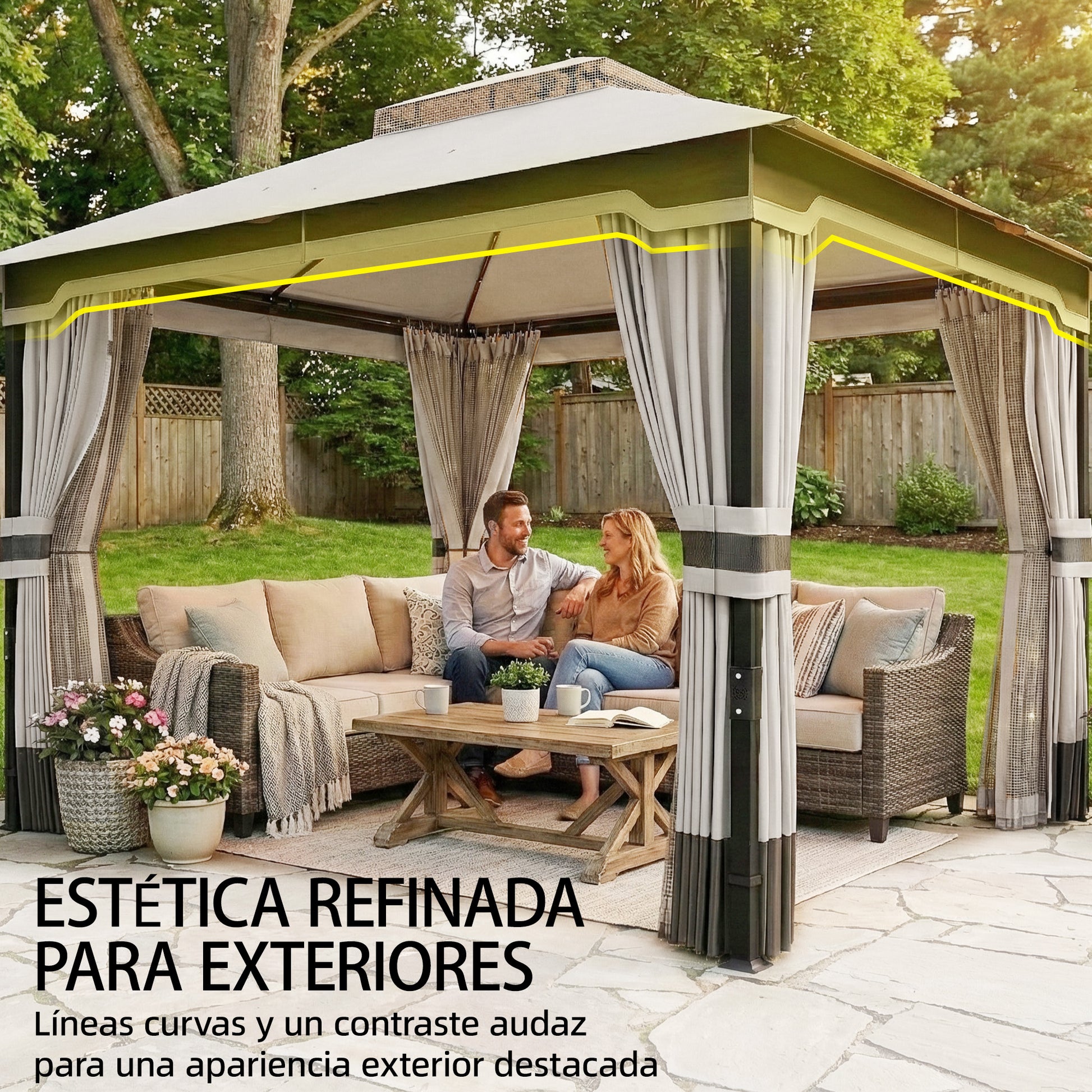 Outsunny Cenador para Jardín 3x3,6 m, Pabellón de Jardín Gazebo con Doble Techo, 4 Paredes Laterales y Mosquitera, Estructura Metálica, Drenaje, Carpa para Exterior, Terraza, Patio, Gris Claro