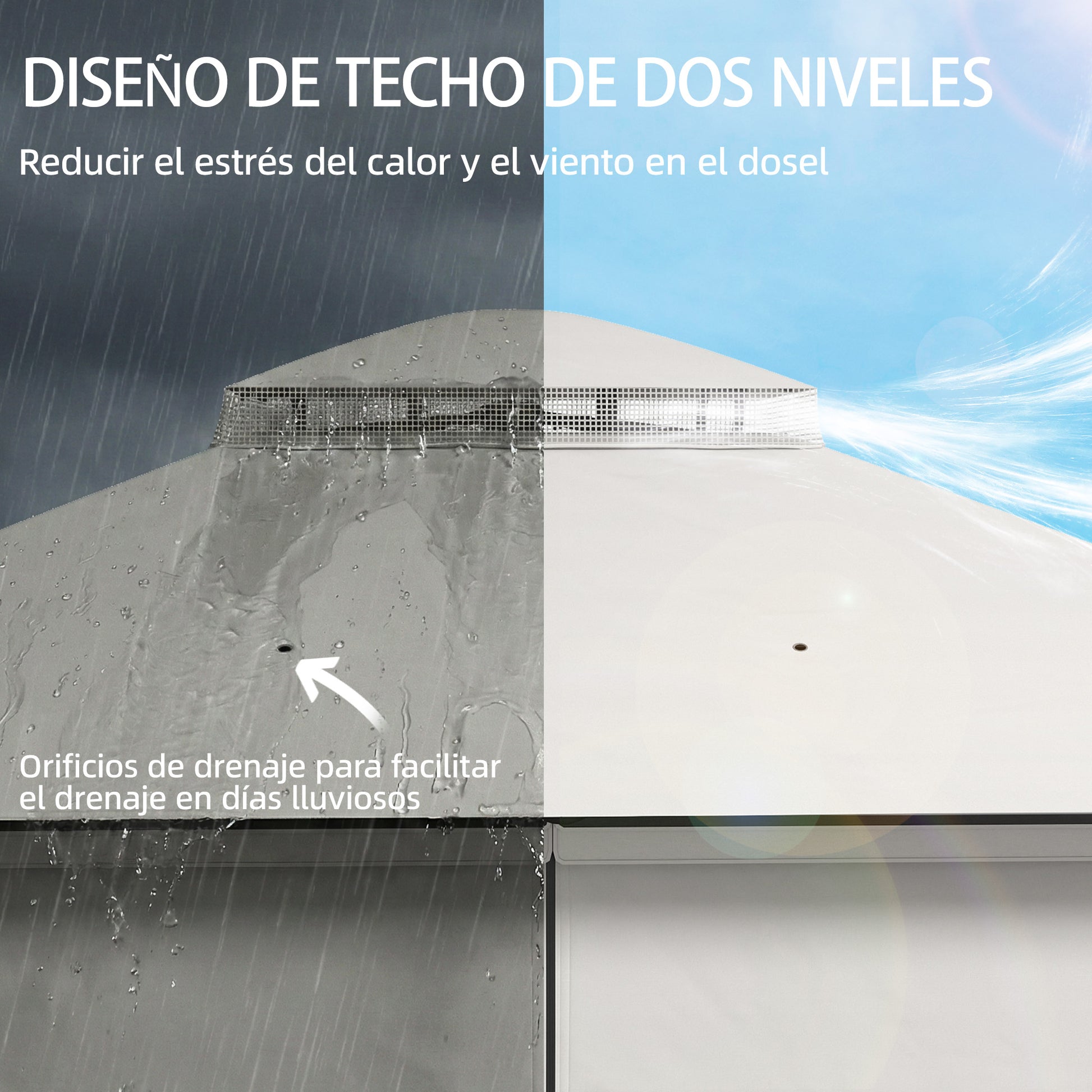 Outsunny Cenador para Jardín 3x3,6 m, Pabellón de Jardín Gazebo con Doble Techo, 4 Paredes Laterales y Mosquitera, Estructura Metálica, Drenaje, Carpa para Exterior, Terraza, Patio, Gris Claro