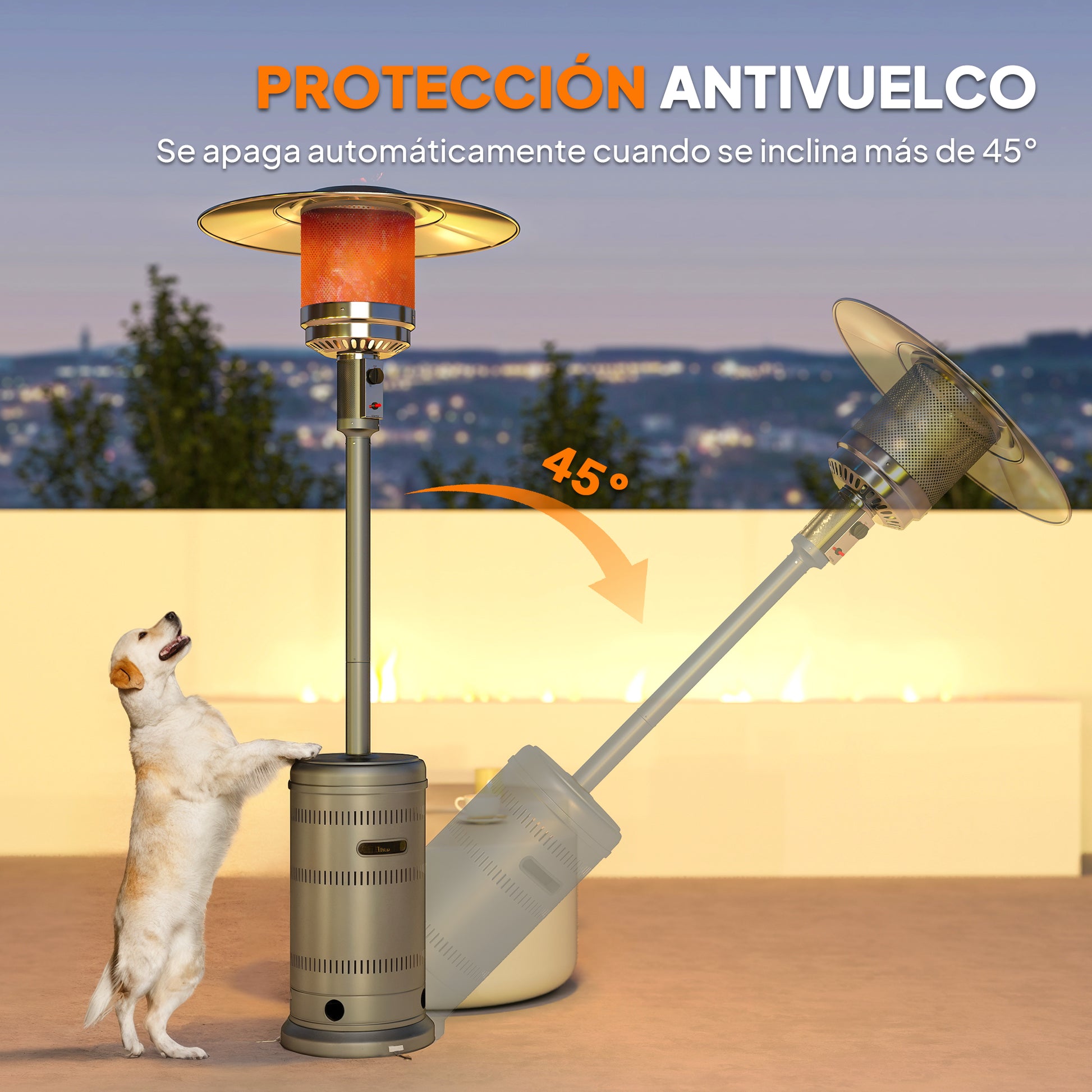 Outsunny Estufa de Gas Butano, 13000W, Calefactor de Exterior a Gas Portátil con Temperatura Ajustable, Protección contra Vuelcos, Encendido Piezoeléctrico y Ruedas, para Butano y Propano, 7 m², Gris