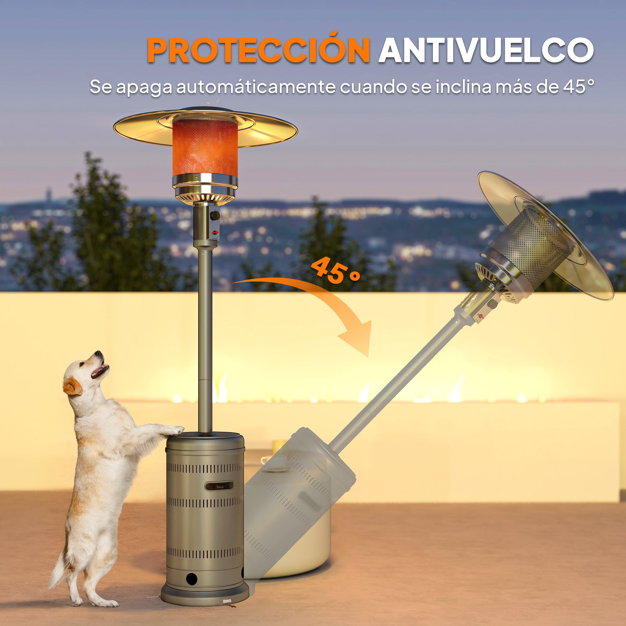 Outsunny Estufa de Gas Butano, 13000W, Calefactor de Exterior a Gas Portátil con Temperatura Ajustable, Protección contra Vuelcos, Encendido Piezoeléctrico y Ruedas, para Butano y Propano, 7 m², Gris