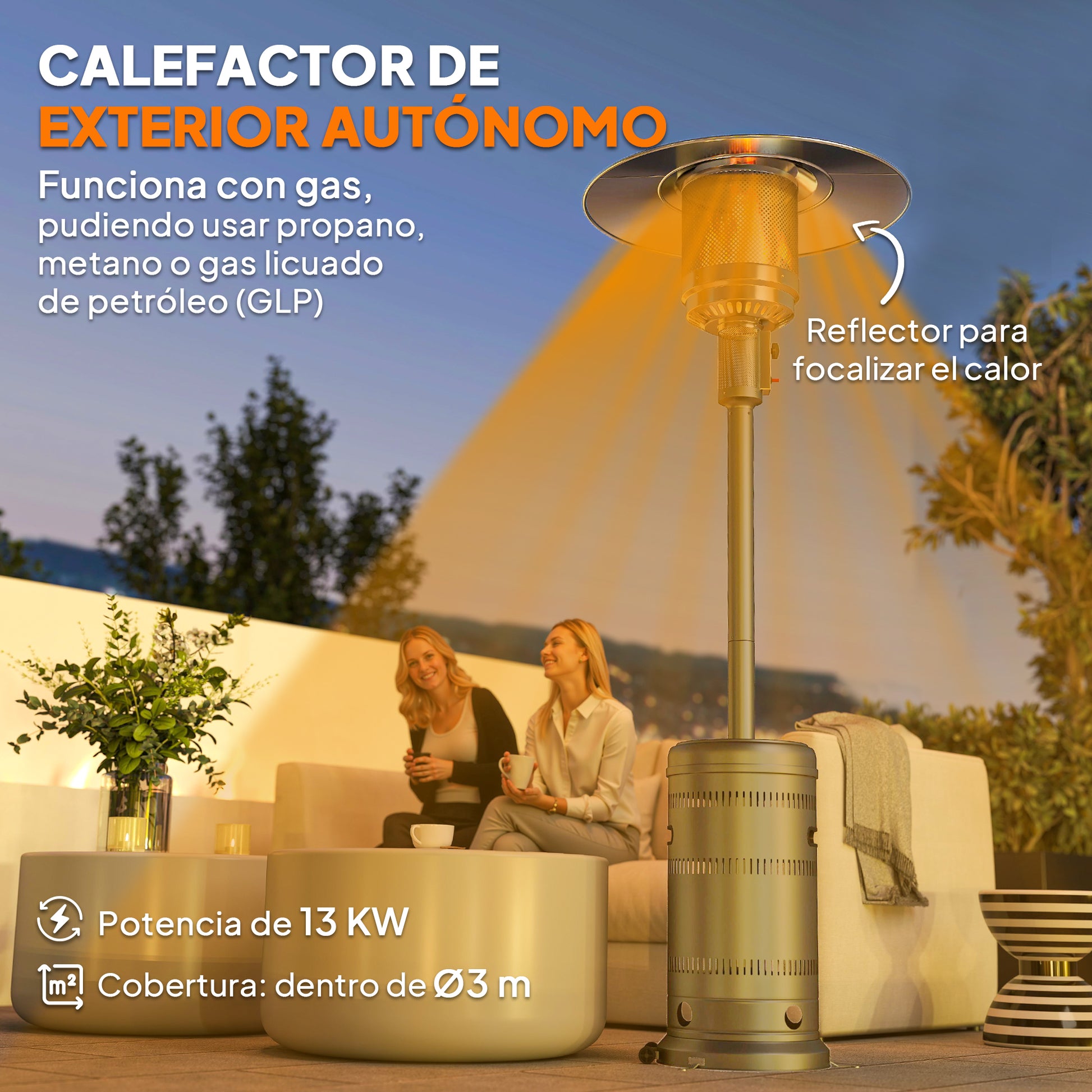 Outsunny Estufa de Gas Butano, 13000W, Calefactor de Exterior a Gas Portátil con Temperatura Ajustable, Protección contra Vuelcos, Encendido Piezoeléctrico y Ruedas, para Butano y Propano, 7 m², Gris