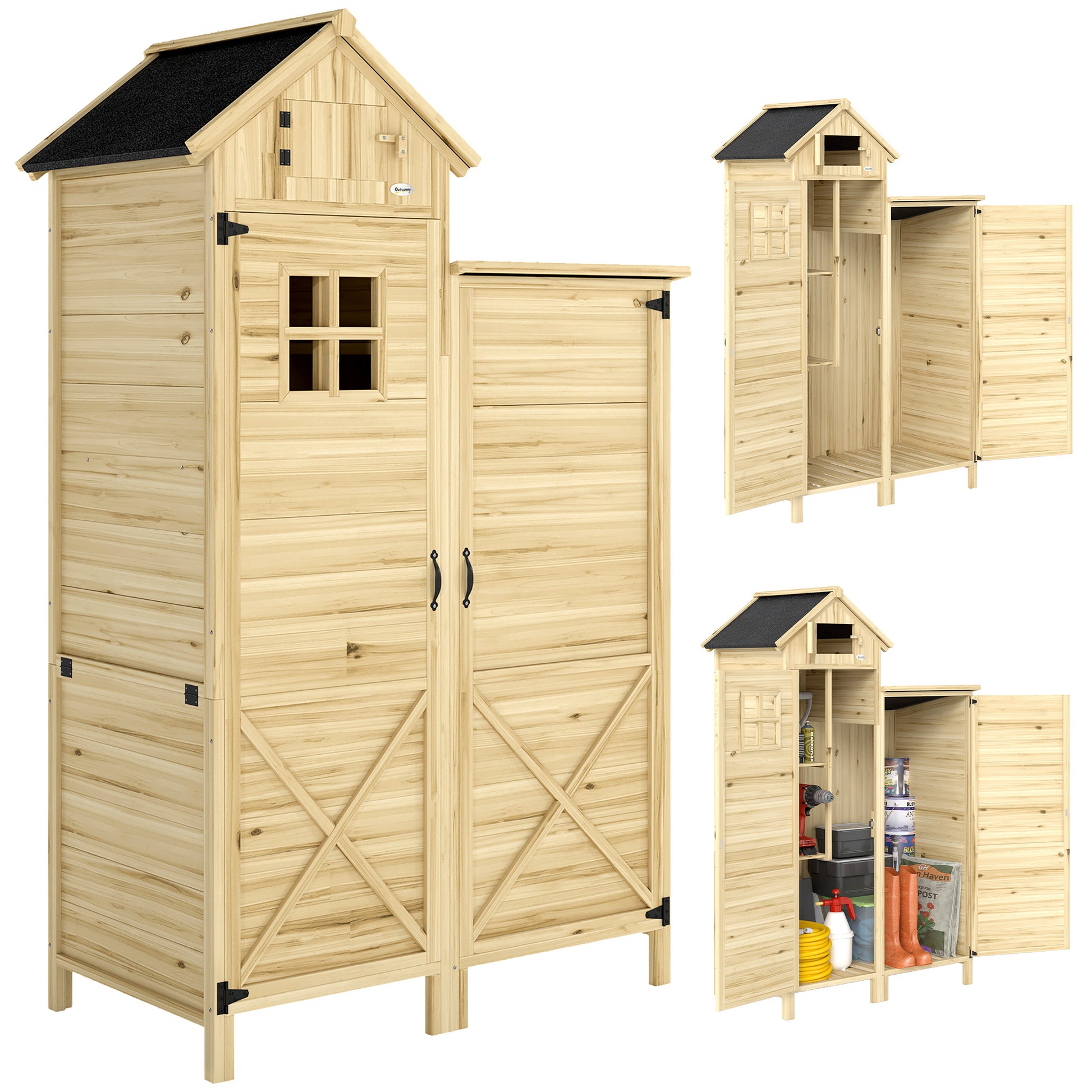 Outsunny Caseta de Jardín de Madera 106x57x167 cm, Cobertizo Jardín Exterior, Armario para Herramientas con Doble Zona, Puertas, Estantes Desmontables, Techo Asfáltico Impermeable y Ventana, Natural