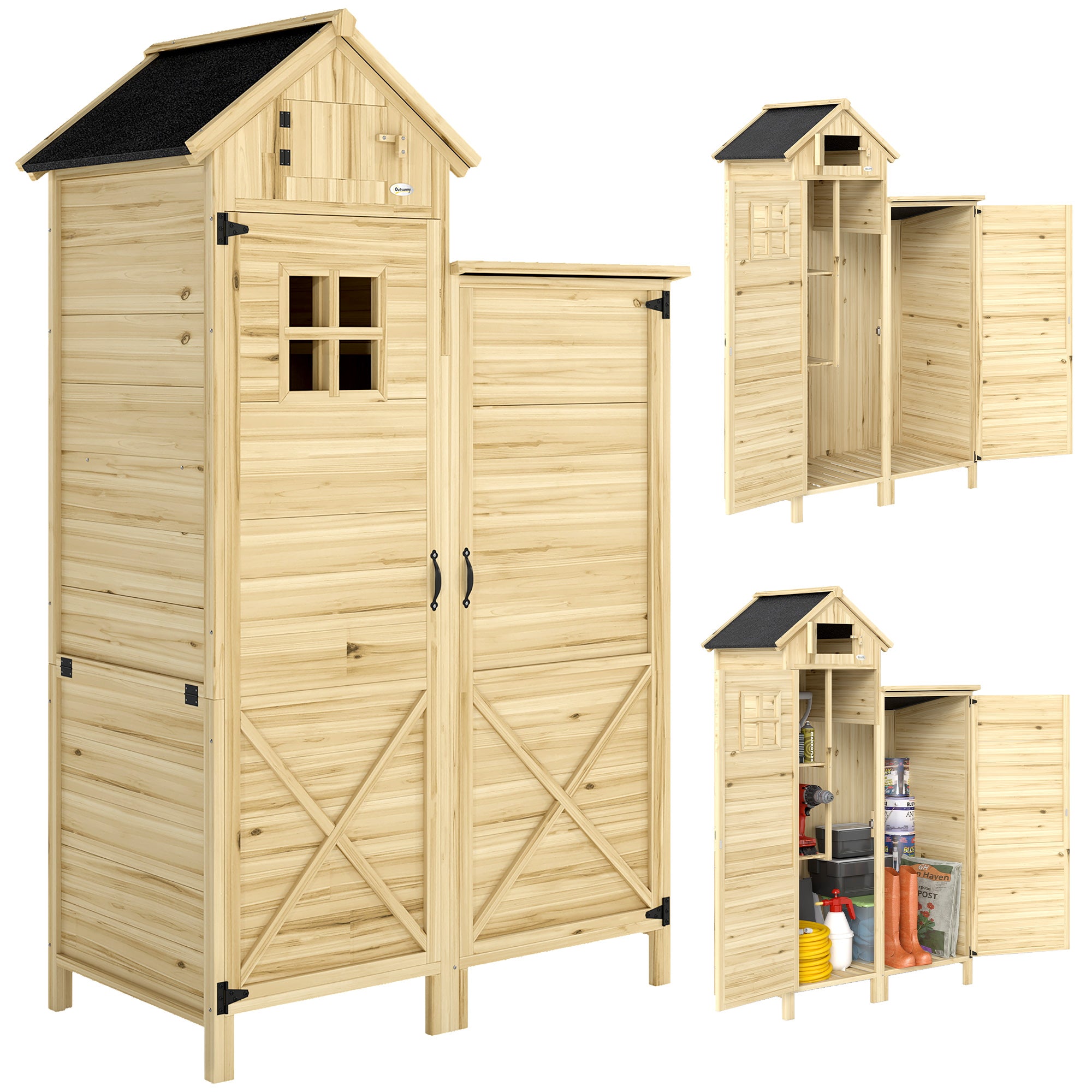 Outsunny Caseta de Jardín de Madera 106x57x167 cm, Cobertizo Jardín Exterior, Armario para Herramientas con Doble Zona, Puertas, Estantes Desmontables, Techo Asfáltico Impermeable y Ventana, Natural